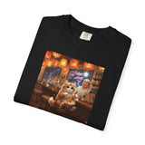 Whiskers and the Wondrous Noodles Cat Bar Ramen Scene T-shirt | Cozy Pub Cat Illustration