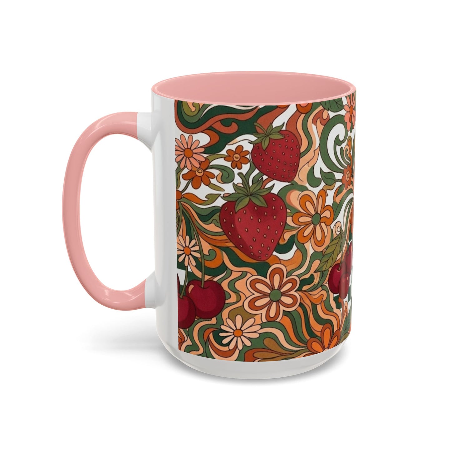 Vintage Cherry Strawberry Pattern Accent Mug | 11oz 15oz
