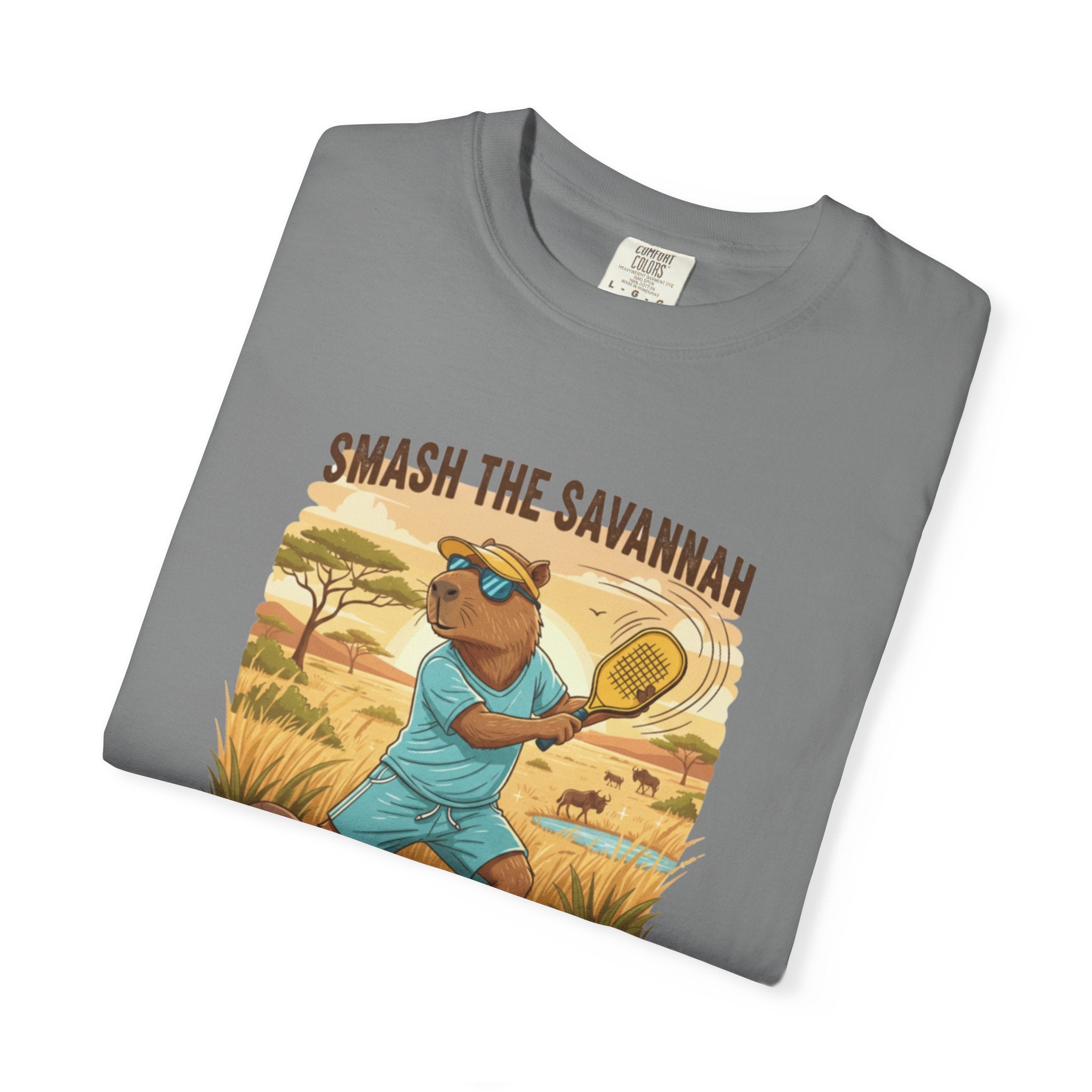 Smash the Savannah Capybara Pickleballer T-Shirt | Animal Sports Graphic Tee