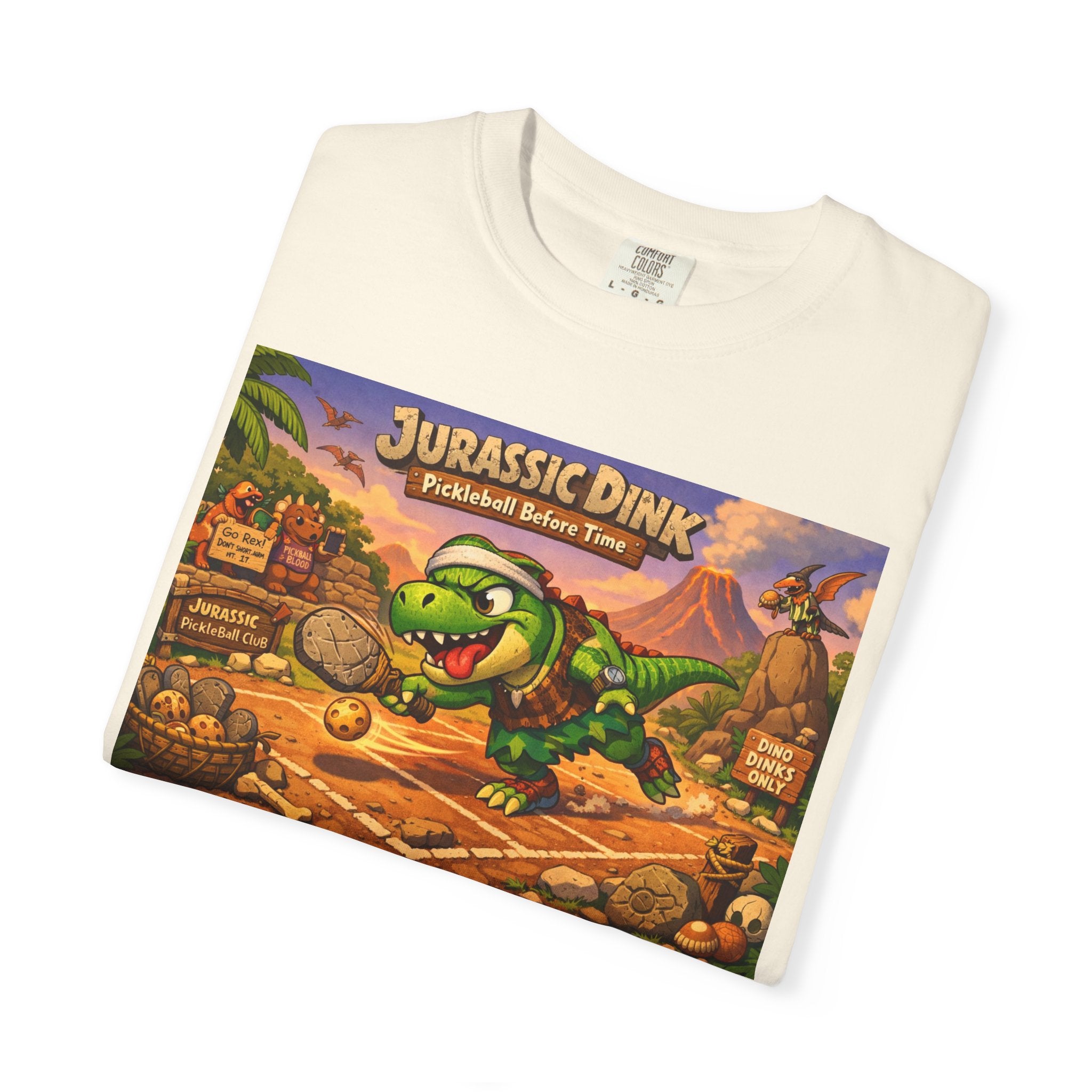 Jurassic Dink Pickleball Dinosaur Arcade Poster T-Shirt | Retro Video Game Shirt