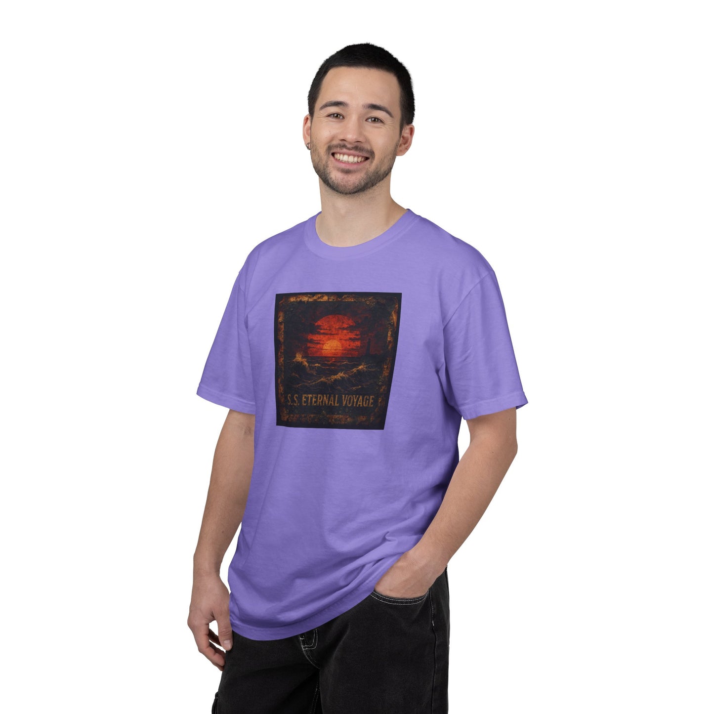 Eternal Voyage Sunset Illustration T-Shirt | Vintage Ocean Scene