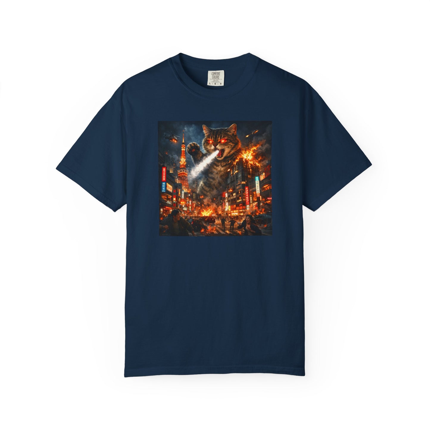 Giant Catzilla Kaiju Rampage T-Shirt | Neon City Monster Battle