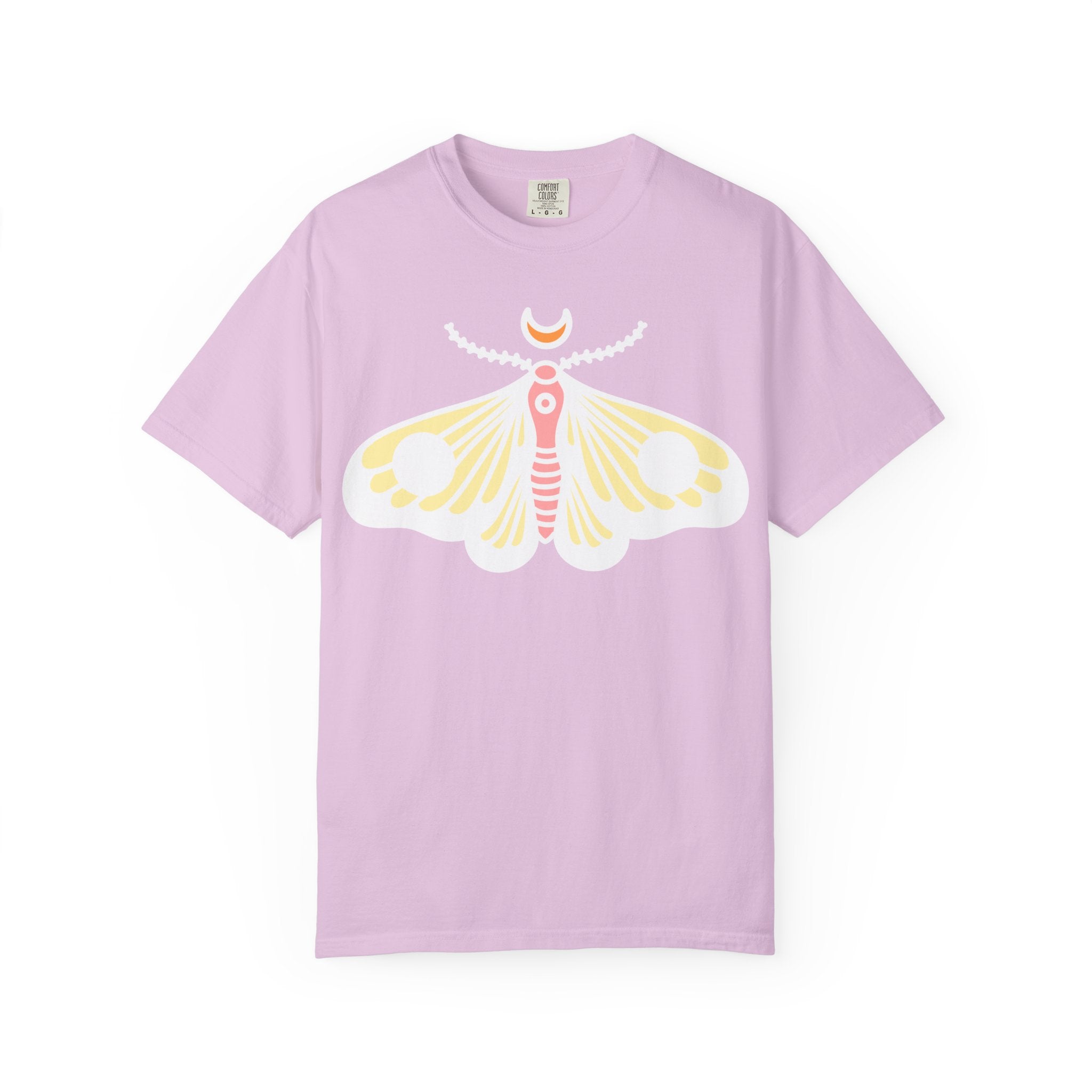 Celestial Moth T-shirt | Pink Yellow Moth with Crescent Moon