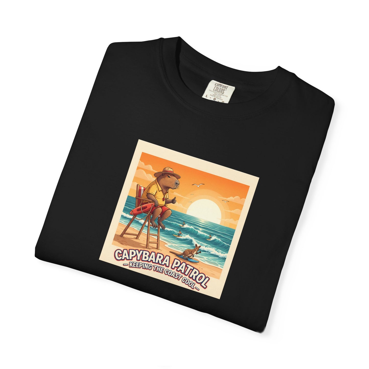 Capybara Patrol Sunset Surfing Capybara T-Shirt | Retro Beach Vibes