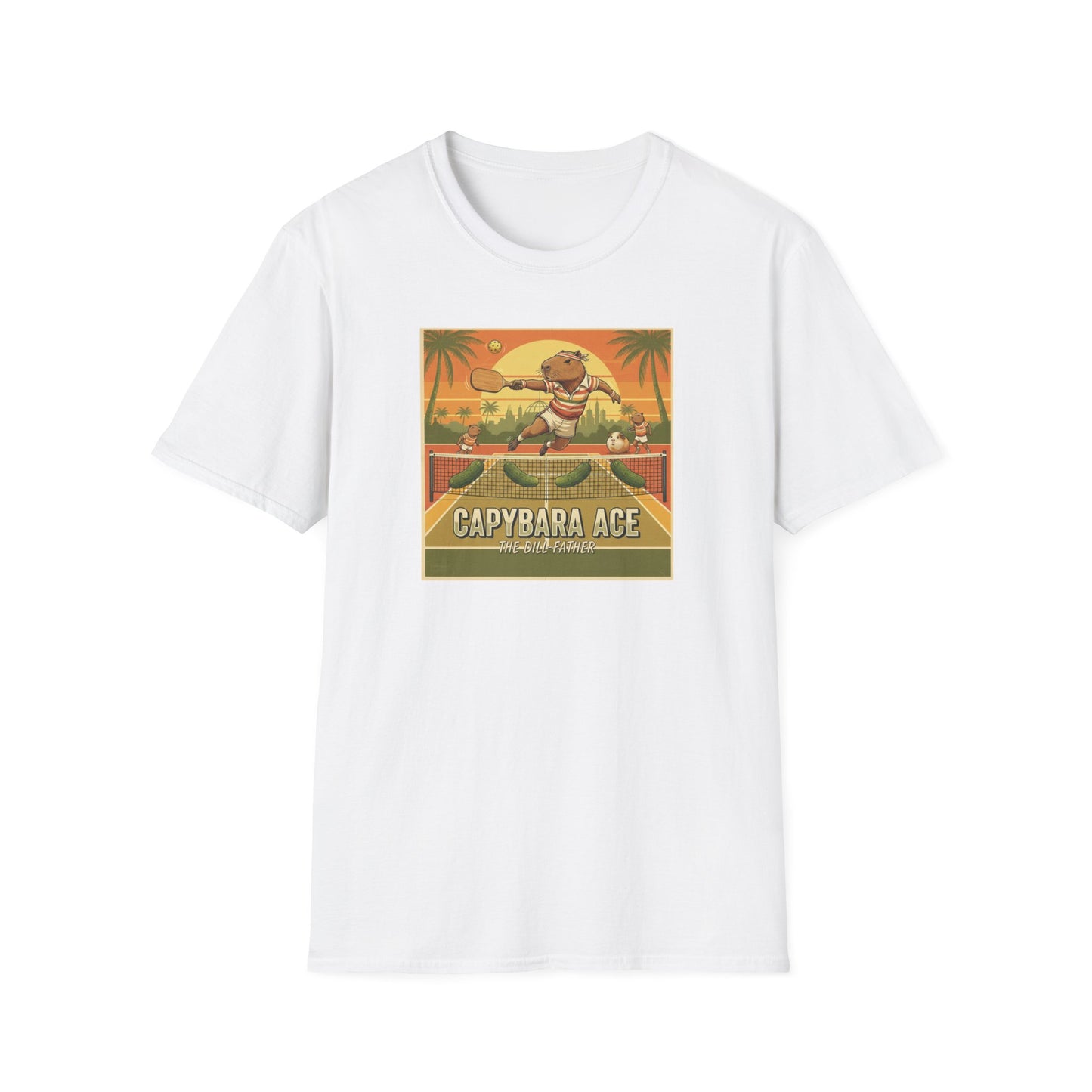 Capybara Ace Pickleball Player T-Shirt | Retro Tropical Court Design