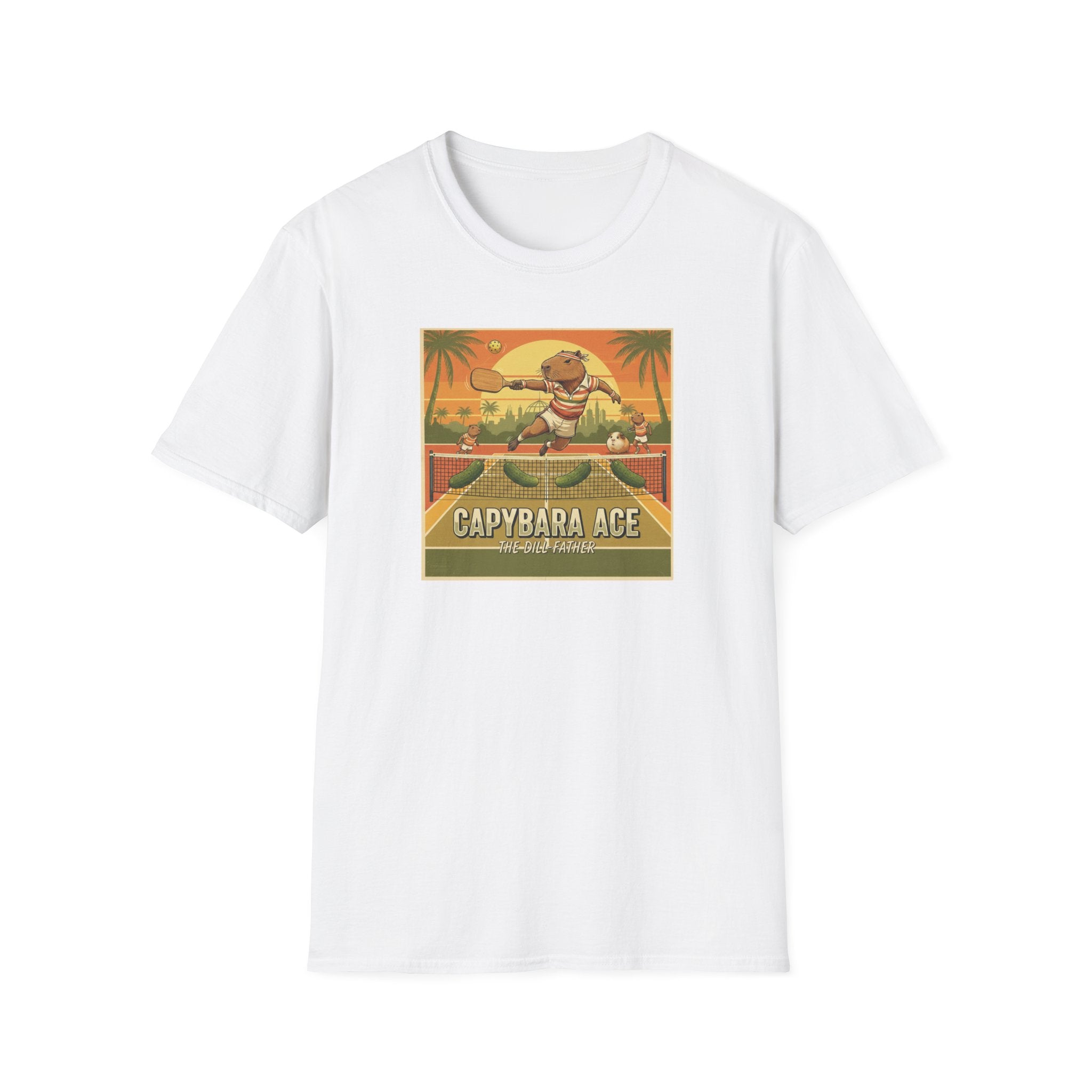 Capybara Ace Pickleball Player T-Shirt | Retro Tropical Court Design