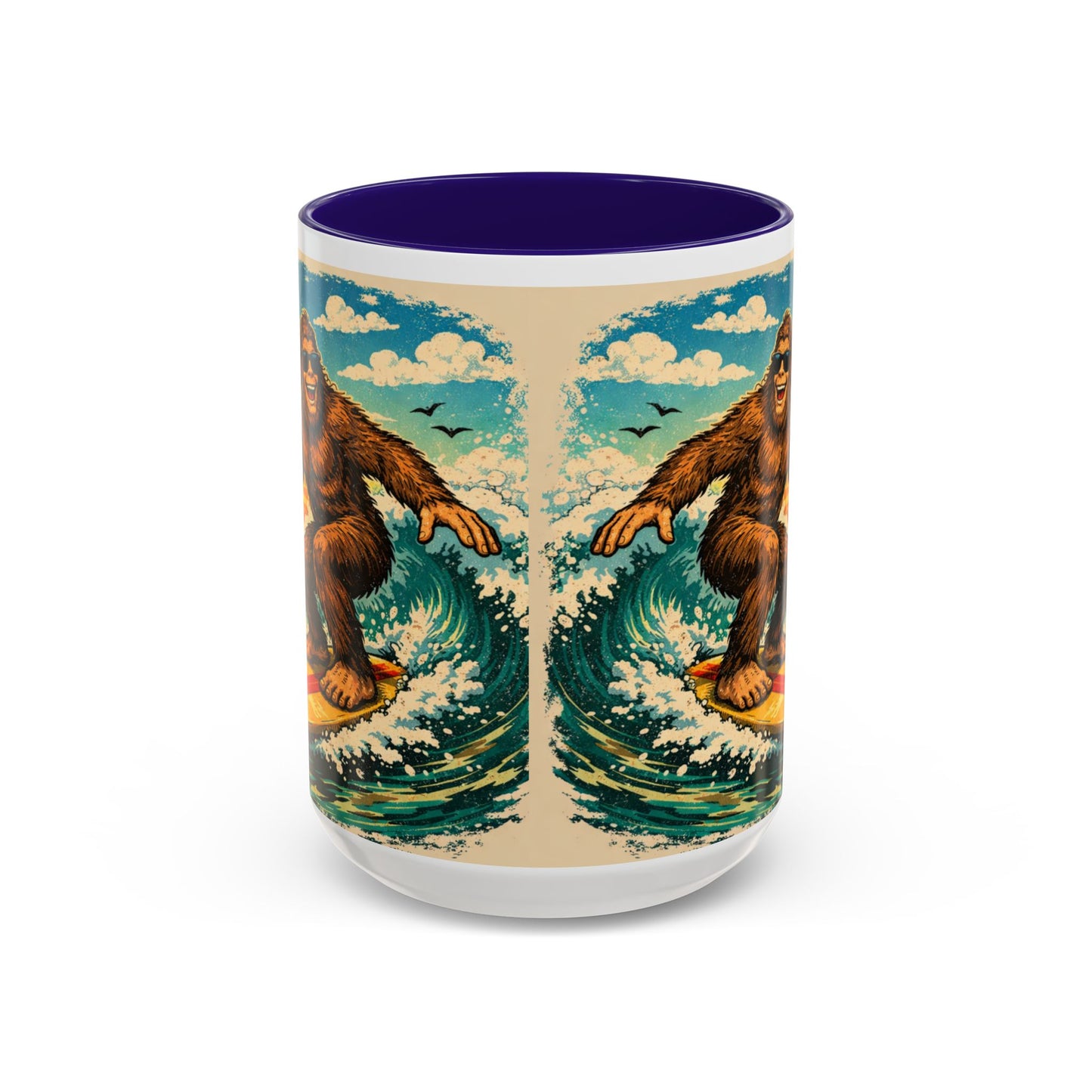 Surfing Bigfoot Mug | Retro Beach Sunset Bigfoot Wave Coffee Cup