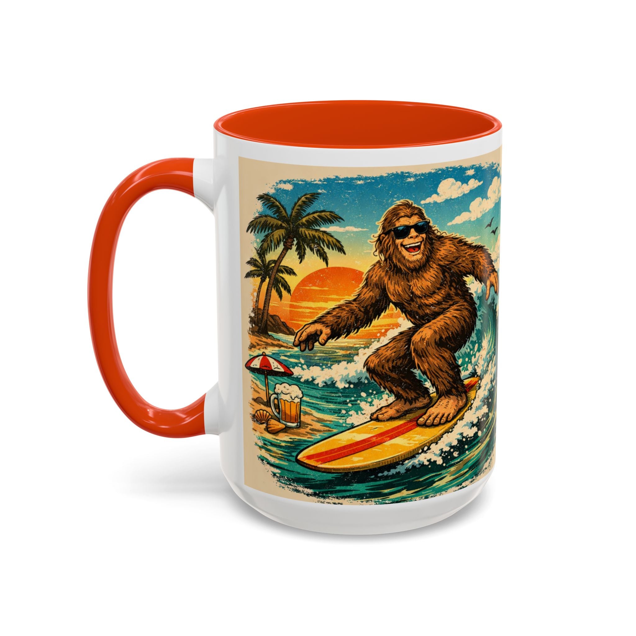 Surfing Bigfoot Mug | Retro Beach Sunset Bigfoot Wave Coffee Cup