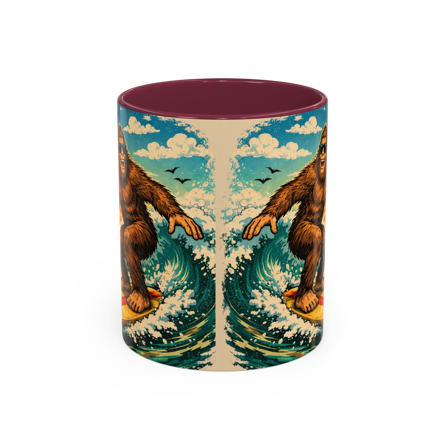 Surfing Bigfoot Mug | Retro Beach Sunset Bigfoot Wave Coffee Cup