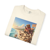 Lifeguard Capybara on Beach T-shirt | Surf Rescue Sunset Scene