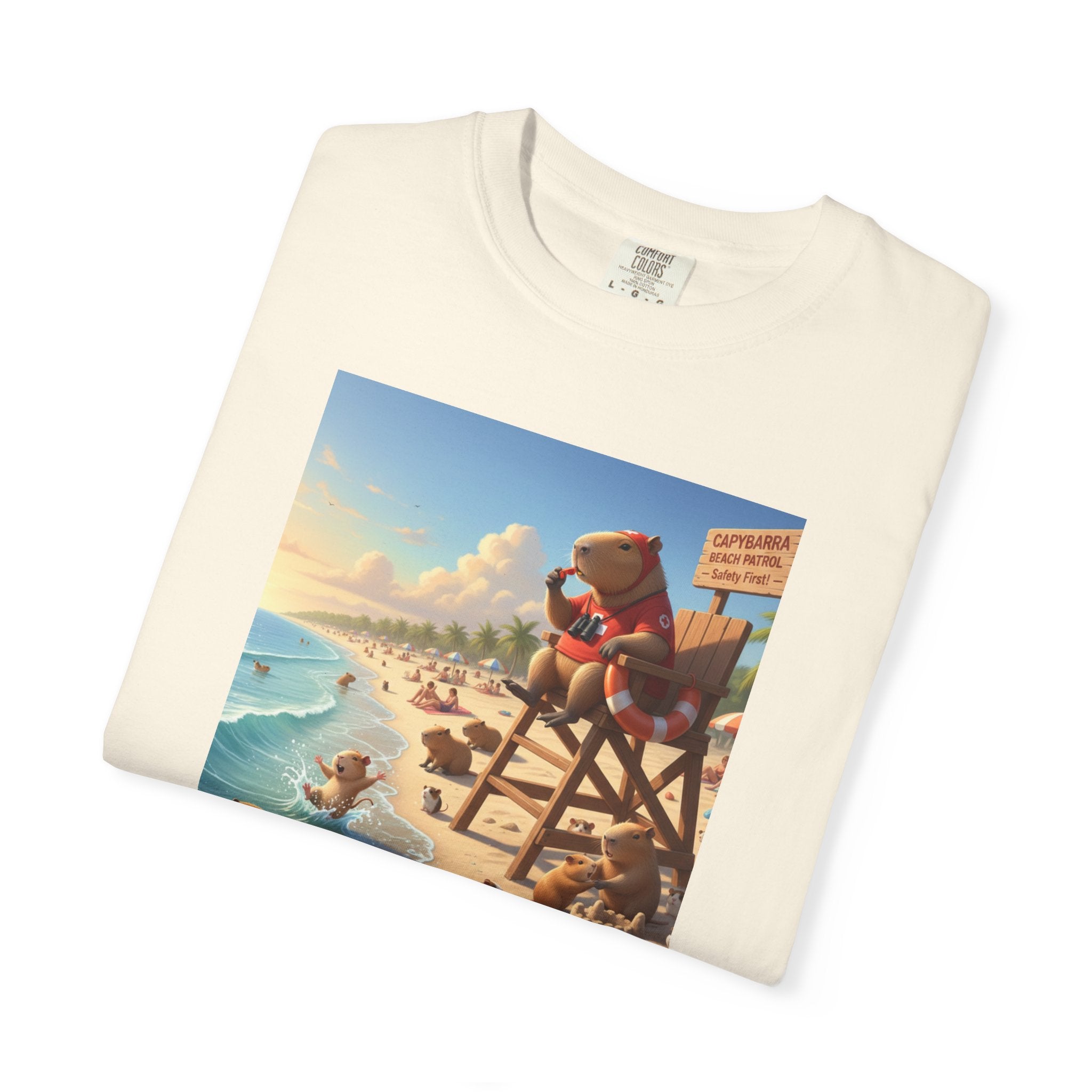 Lifeguard Capybara on Beach T-shirt | Surf Rescue Sunset Scene
