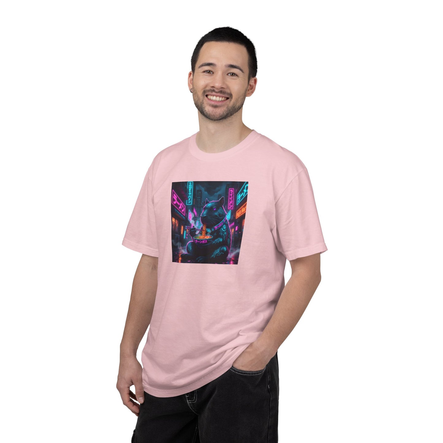 Neon Cyberpunk Capybara Cityscape T-Shirt | Futuristic Night Street Art