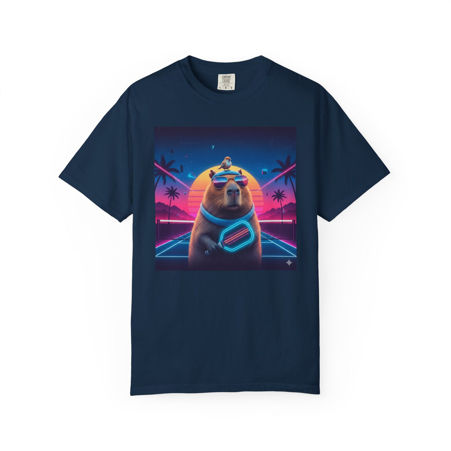 Retro Vaporwave Capybara with Sunglasses T-shirt | Neon Sunset Palm Trees