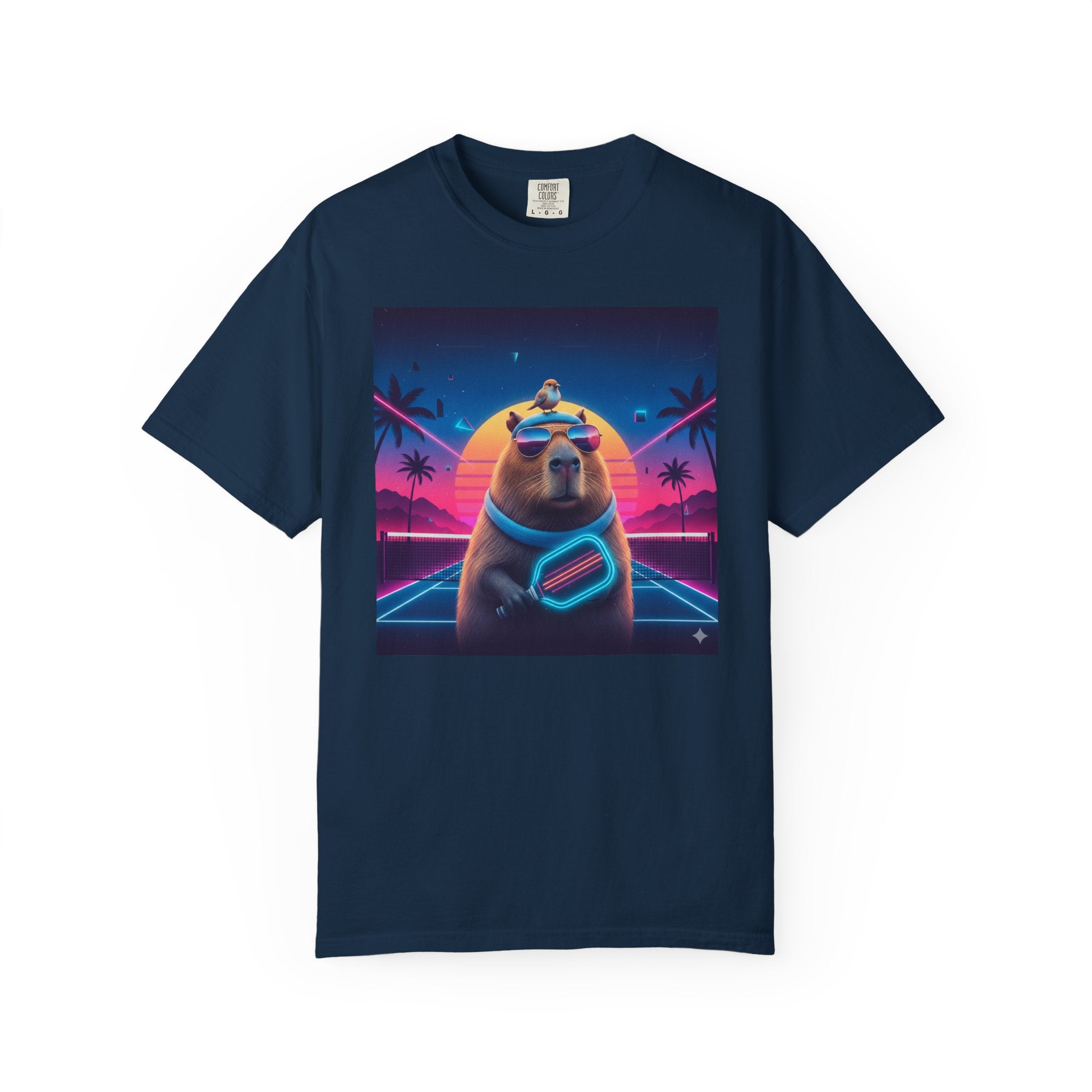 Retro Vaporwave Capybara with Sunglasses T-shirt | Neon Sunset Palm Trees