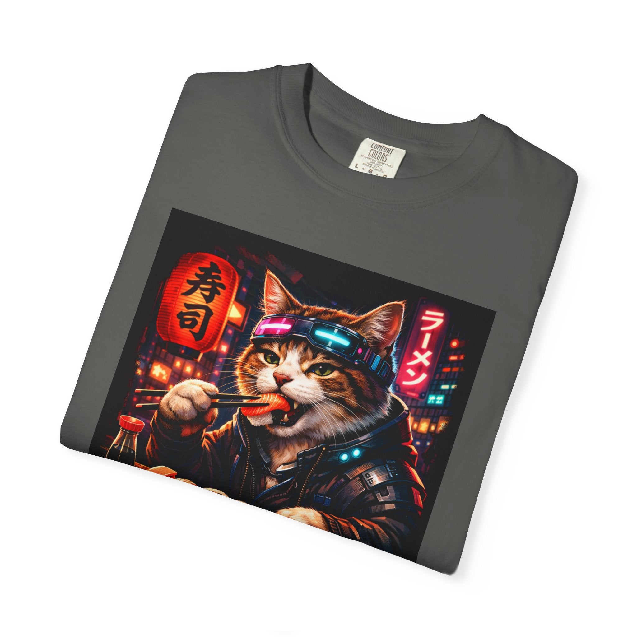 Sushi-Eating Cat T-Shirt | Neon Japanese Street Food Art