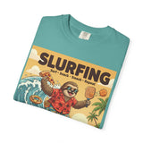 Slurfing Surfing Sloth T-Shirt | Retro Beach Wave Illustration