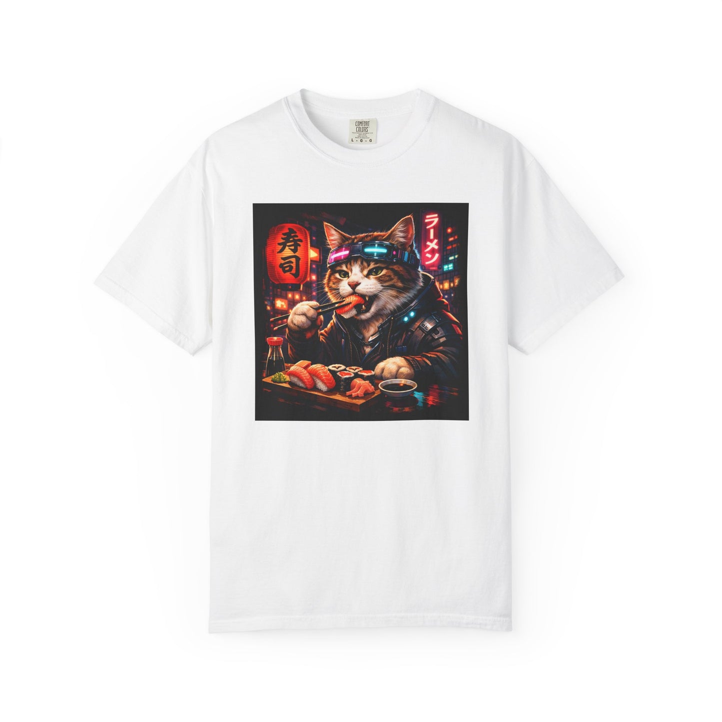 Sushi-Eating Cat T-Shirt | Neon Japanese Street Food Art