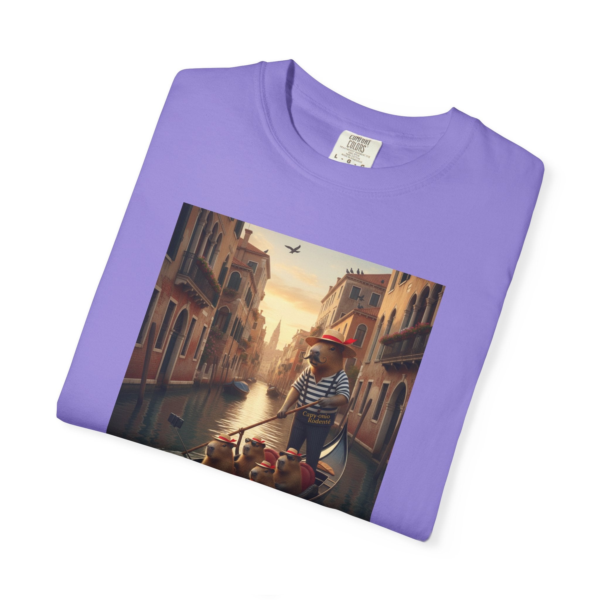 Capybara Venice Gondola Sunset T-shirt | Scenic Canal Travel Art
