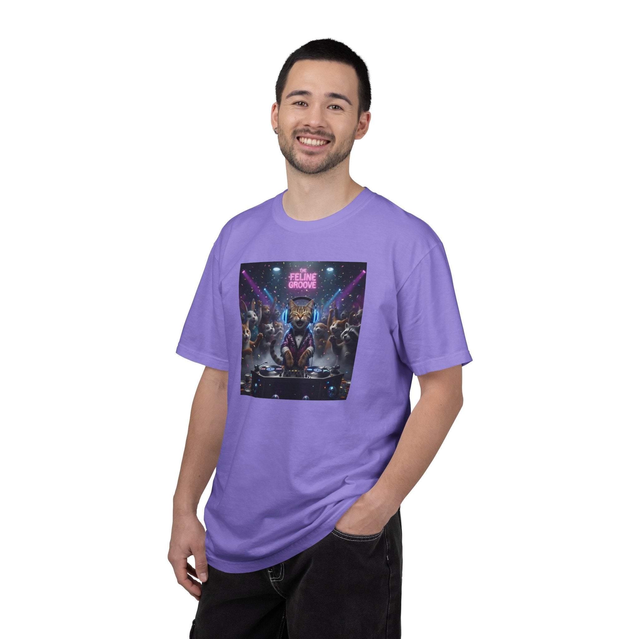 Feline Groove DJ Cat Illustration T-Shirt | Retro Neon Club Scene