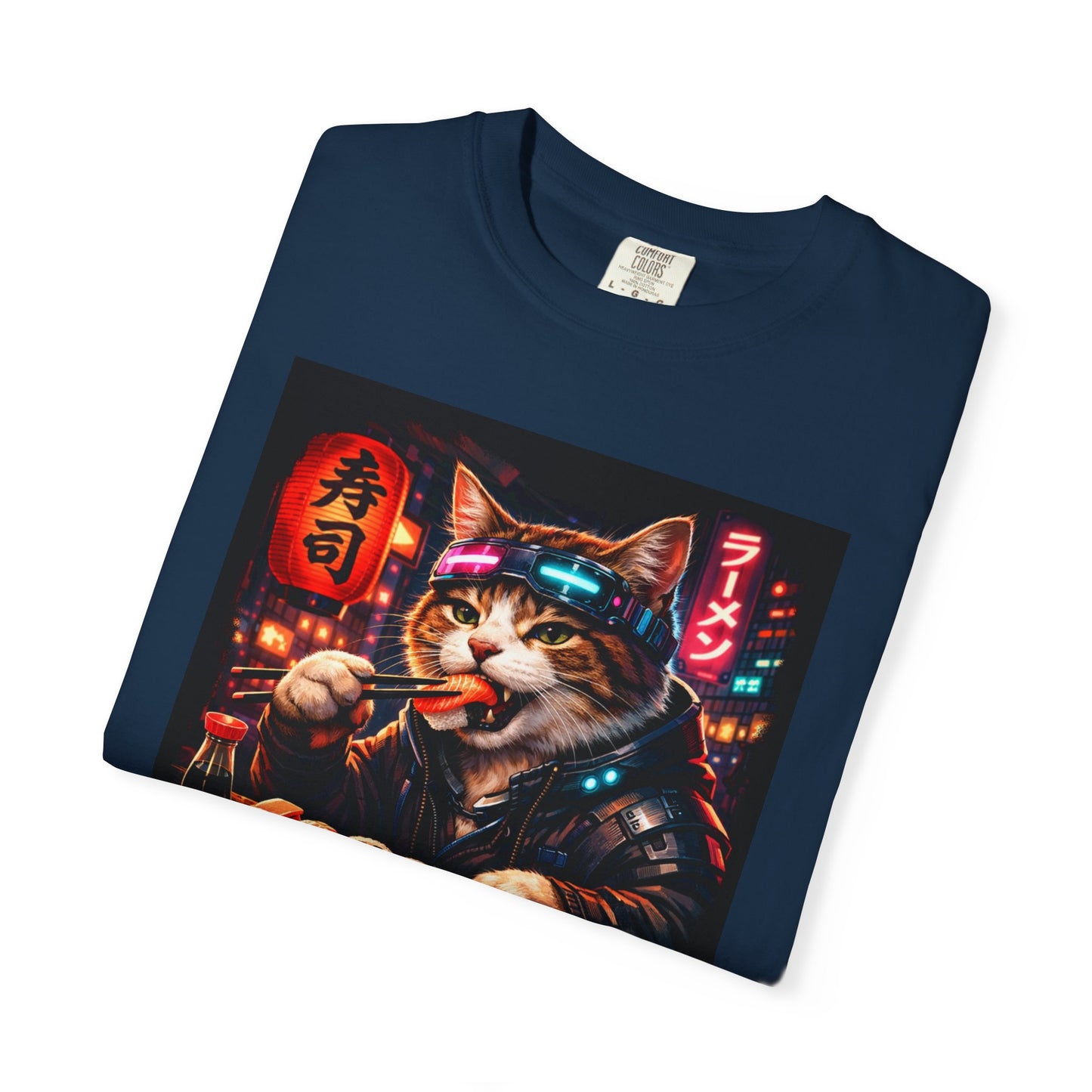 Sushi-Eating Cat T-Shirt | Neon Japanese Street Food Art