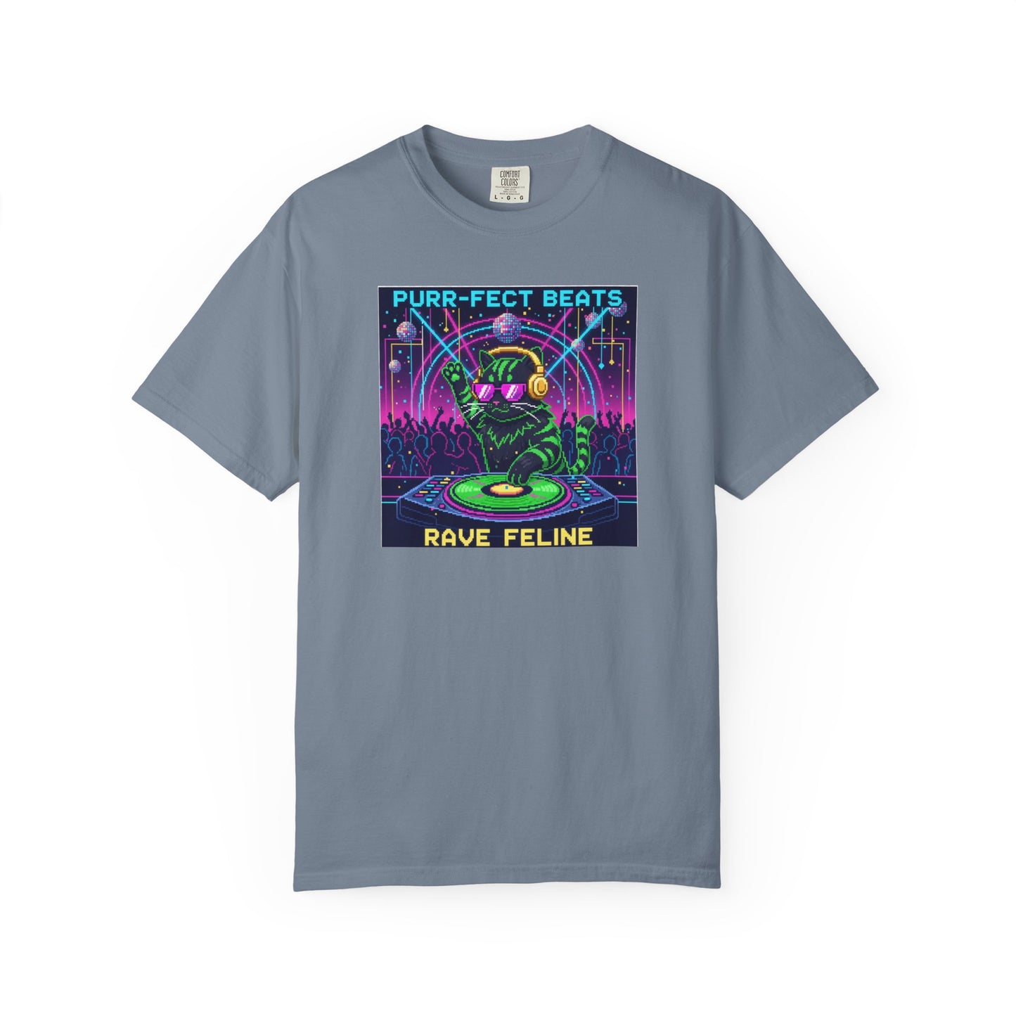 Purr-fect Beats Rave Feline DJ cat T-shirt | Neon EDM club design