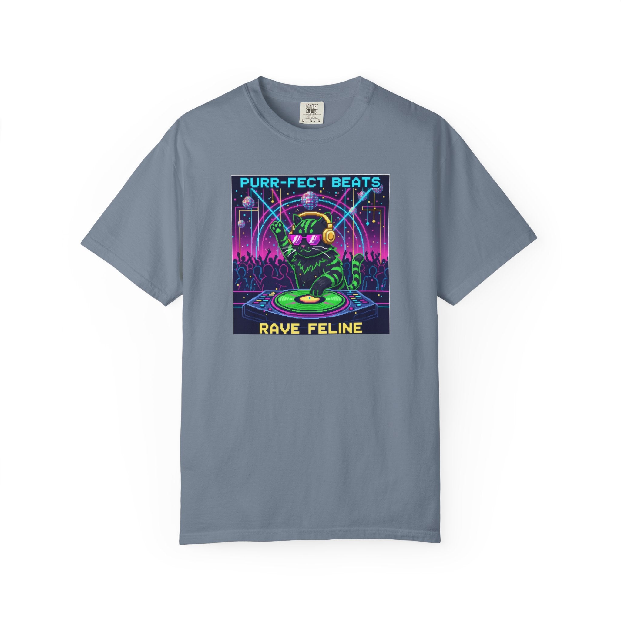 Purr-fect Beats Rave Feline DJ cat T-shirt | Neon EDM club design