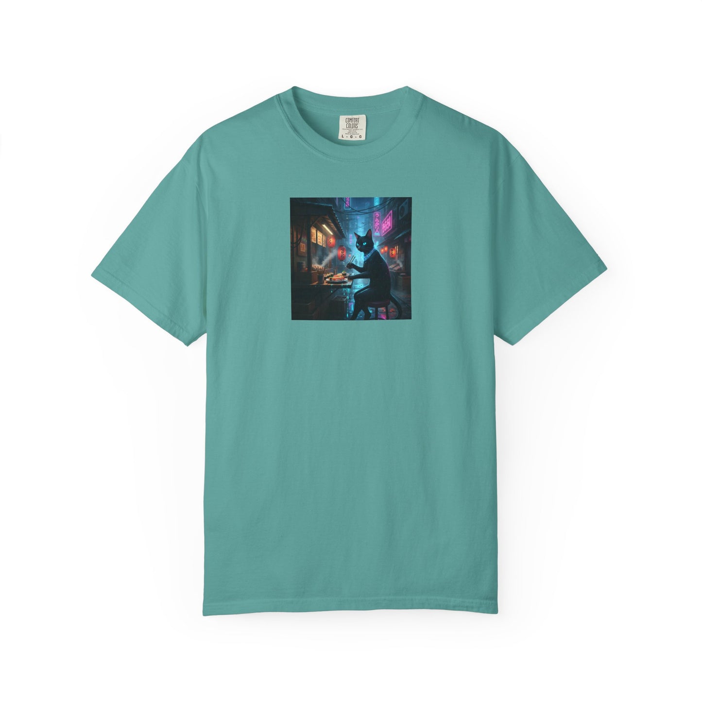 Cyberpunk Cat Sushi T-shirt | Neon Japan Noir