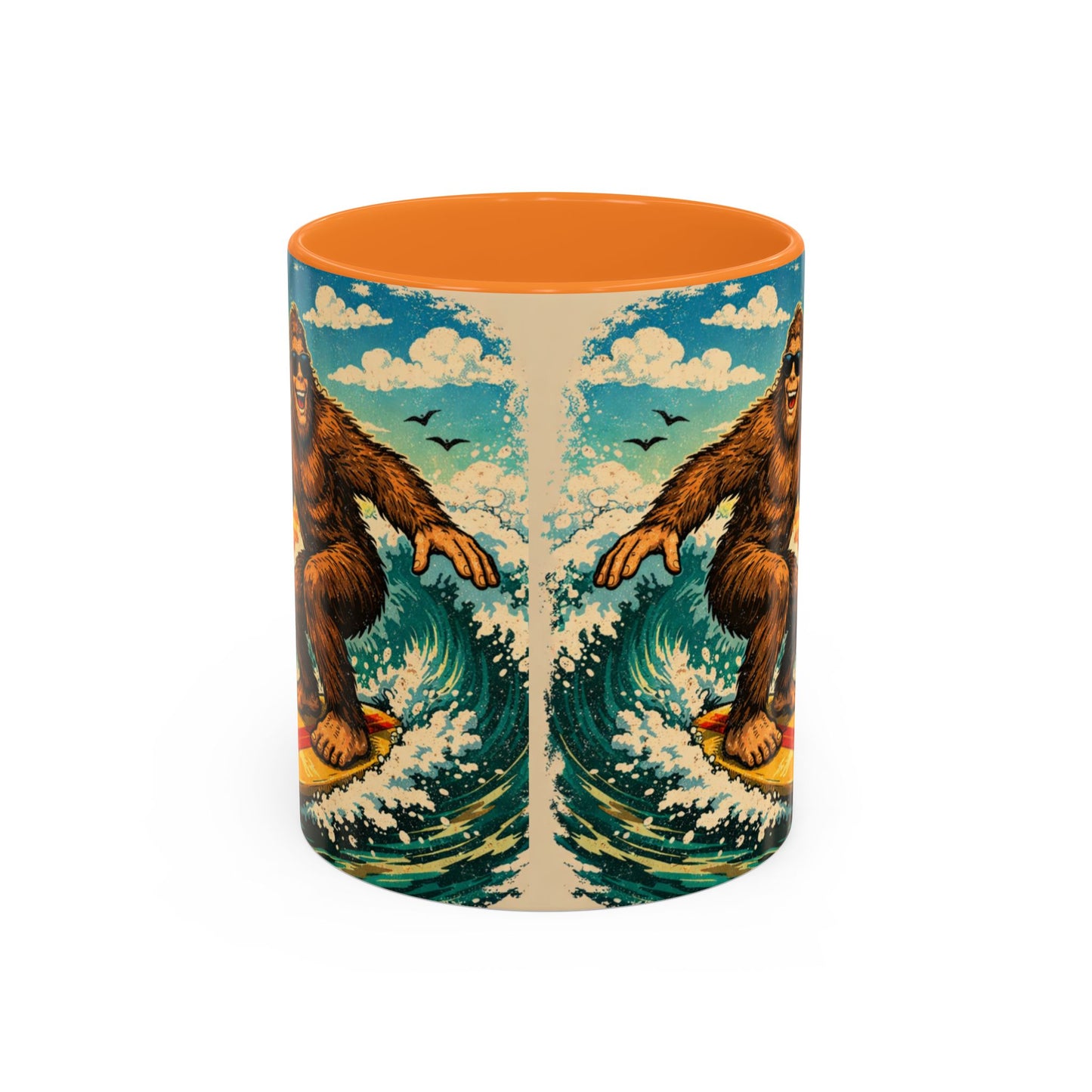 Surfing Bigfoot Mug | Retro Beach Sunset Bigfoot Wave Coffee Cup