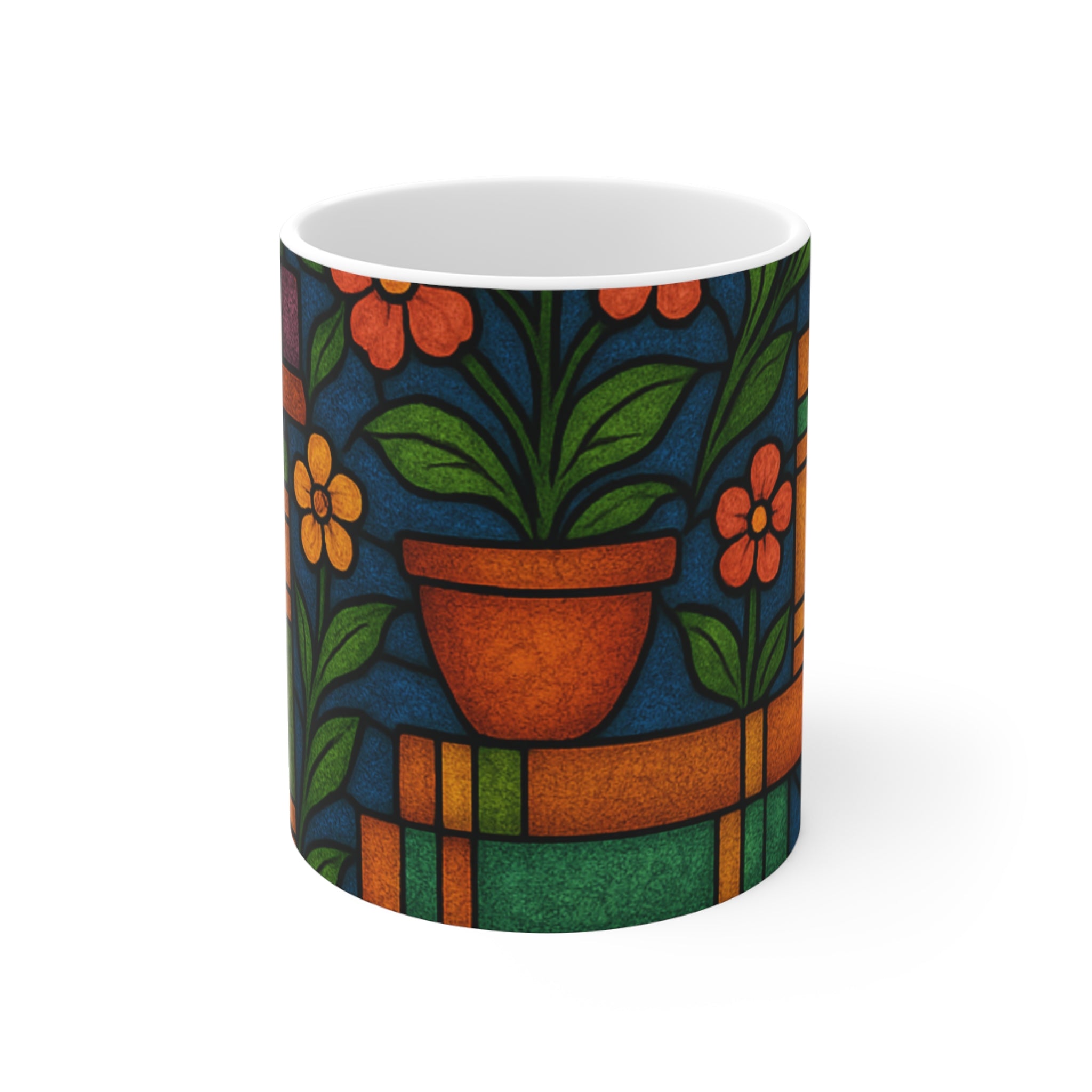 Stained Glass Floral Plant Pot Mug | Colorful Botanical Book Stack