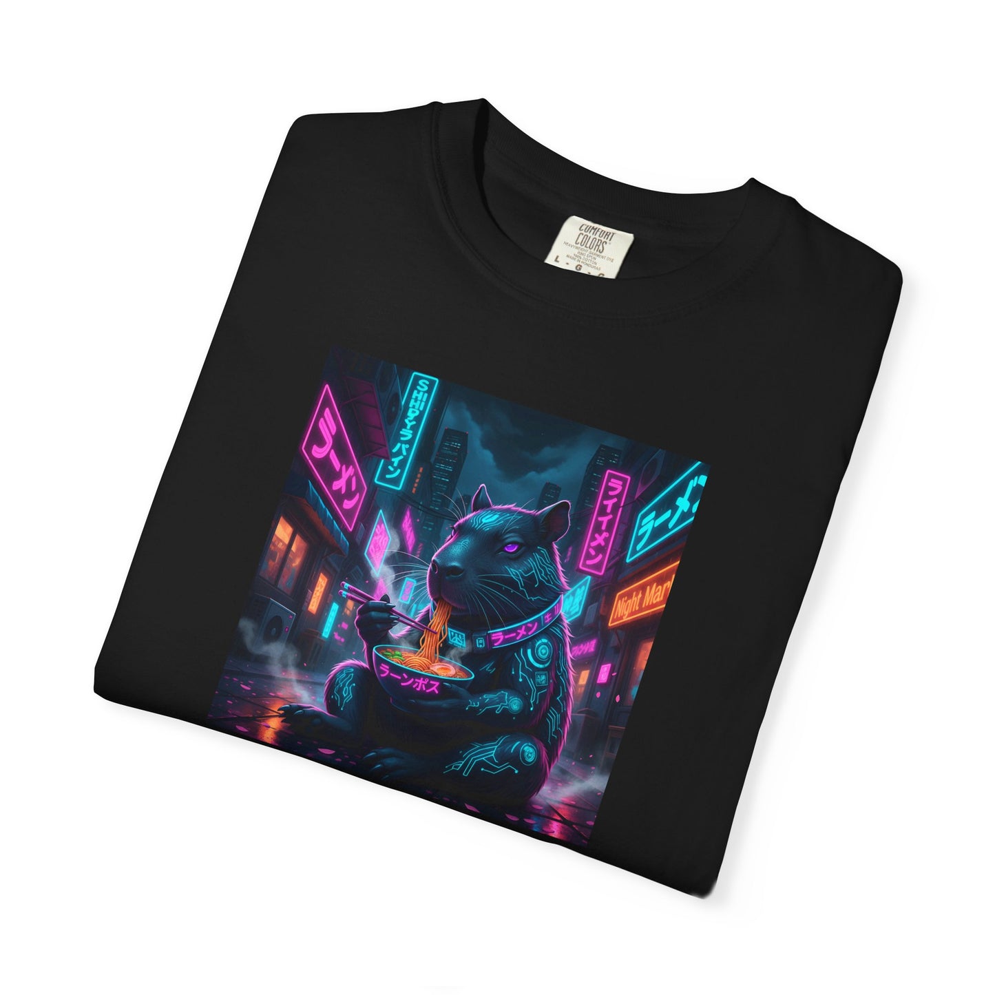 Neon Cyberpunk Capybara Cityscape T-Shirt | Futuristic Night Street Art