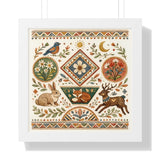 Folk Floral Deer Rabbit Bird Framed Horizontal Poster | Botanical Animal Artwork