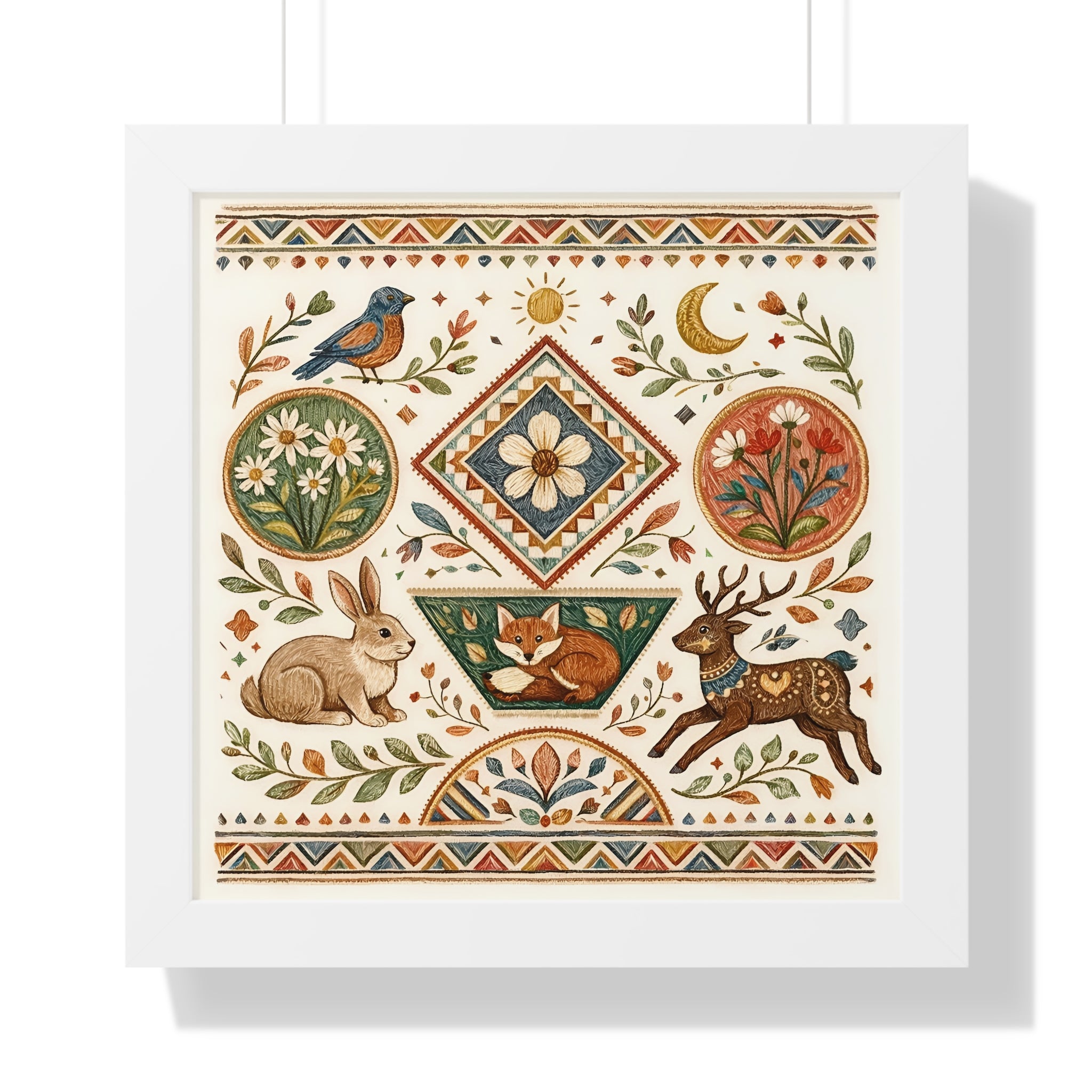 Folk Floral Deer Rabbit Bird Framed Horizontal Poster | Botanical Animal Artwork