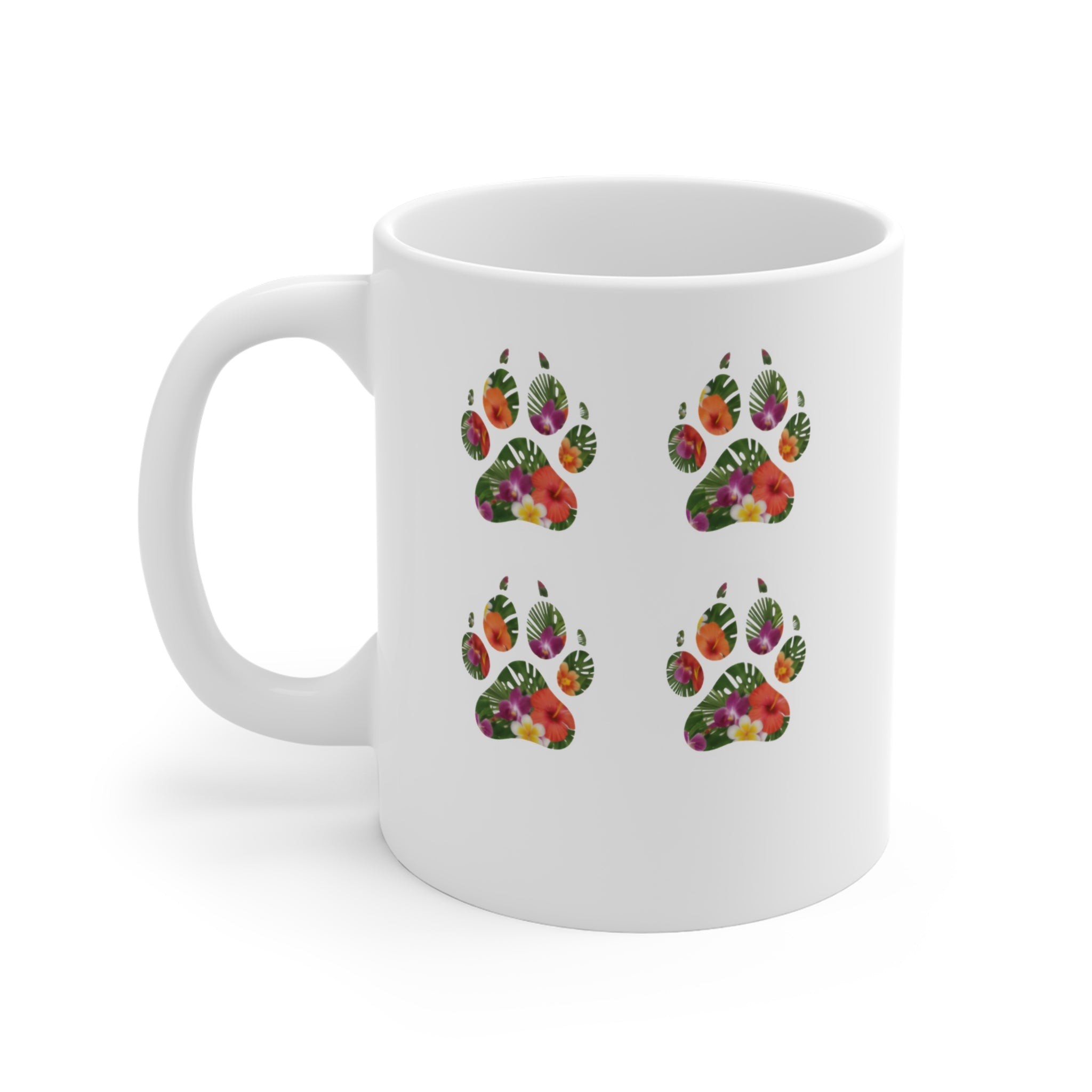 Floral Paw Print Mug | 11oz Ceramic Pawprints, Colorful Pet Lover Coffee Cup