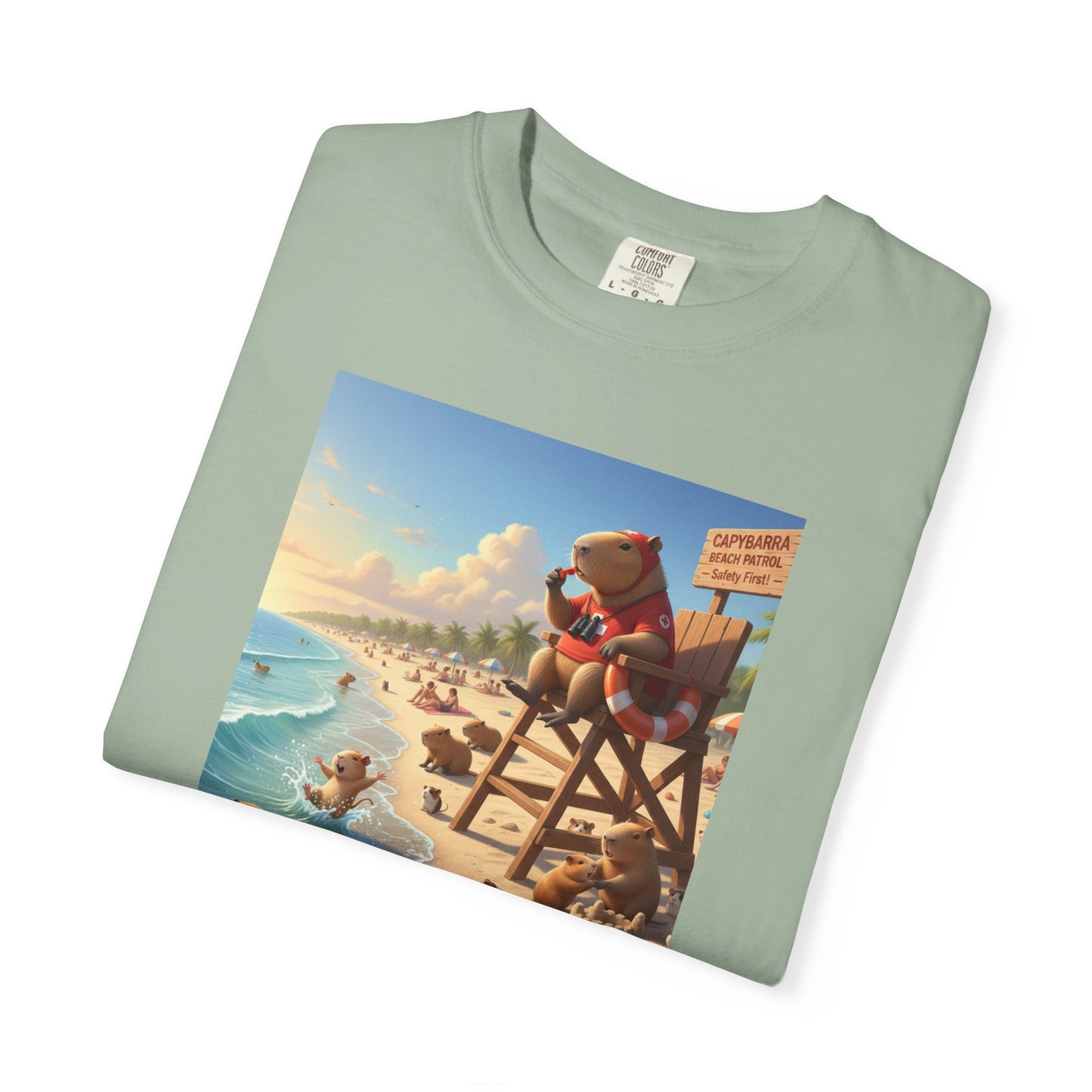 Lifeguard Capybara on Beach T-shirt | Surf Rescue Sunset Scene