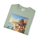 Lifeguard Capybara on Beach T-shirt | Surf Rescue Sunset Scene
