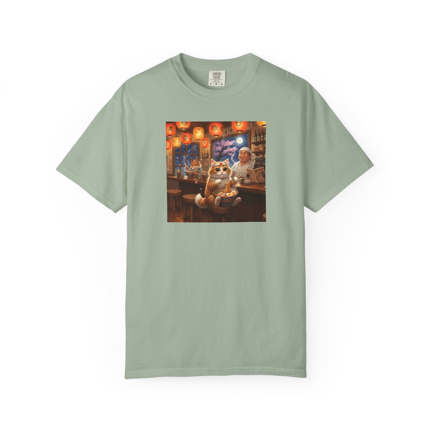 Whiskers and the Wondrous Noodles Cat Bar Ramen Scene T-shirt | Cozy Pub Cat Illustration