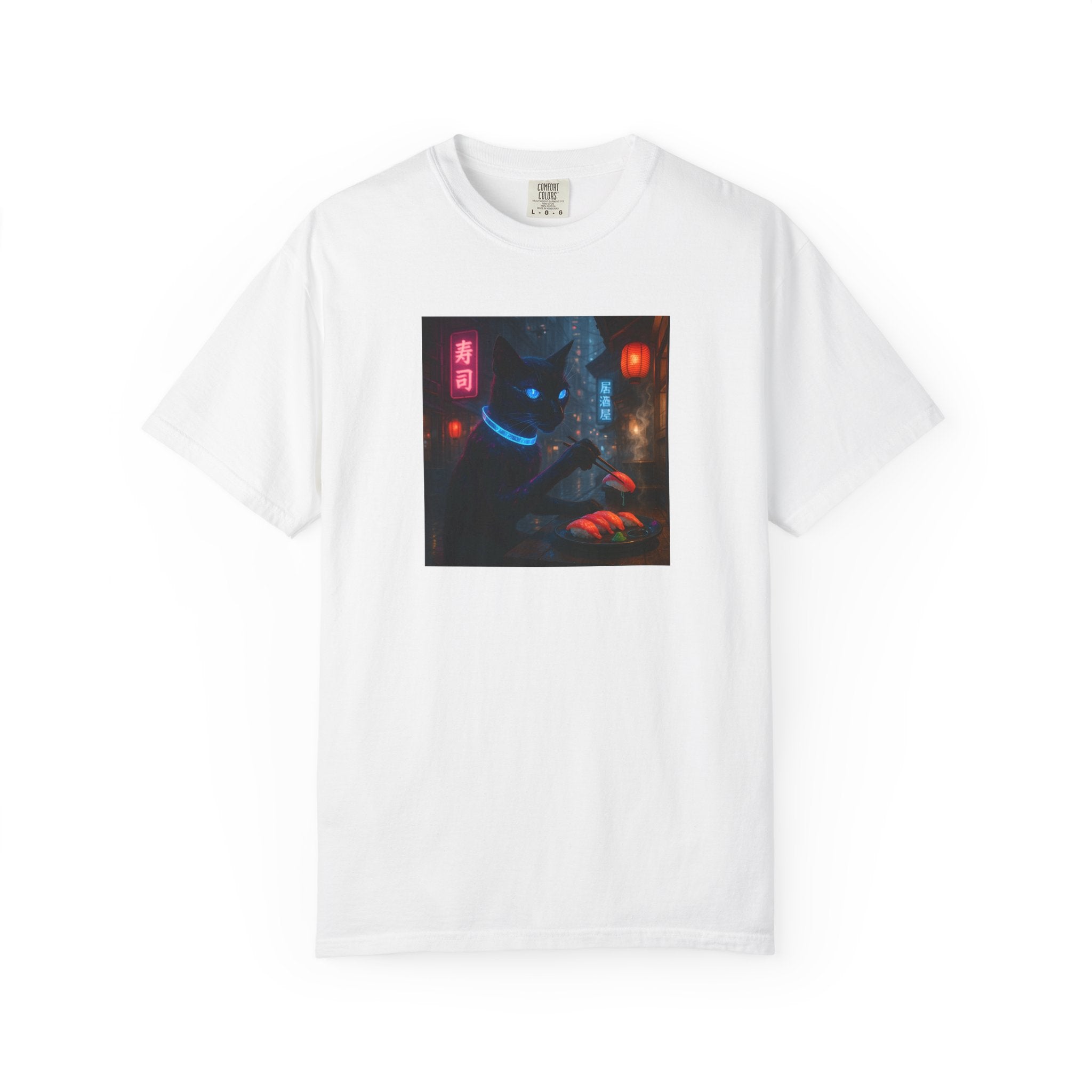 Neon Cyber Cat Sushi Shibuya T-shirt | Dark Alley Japanese Streetwear