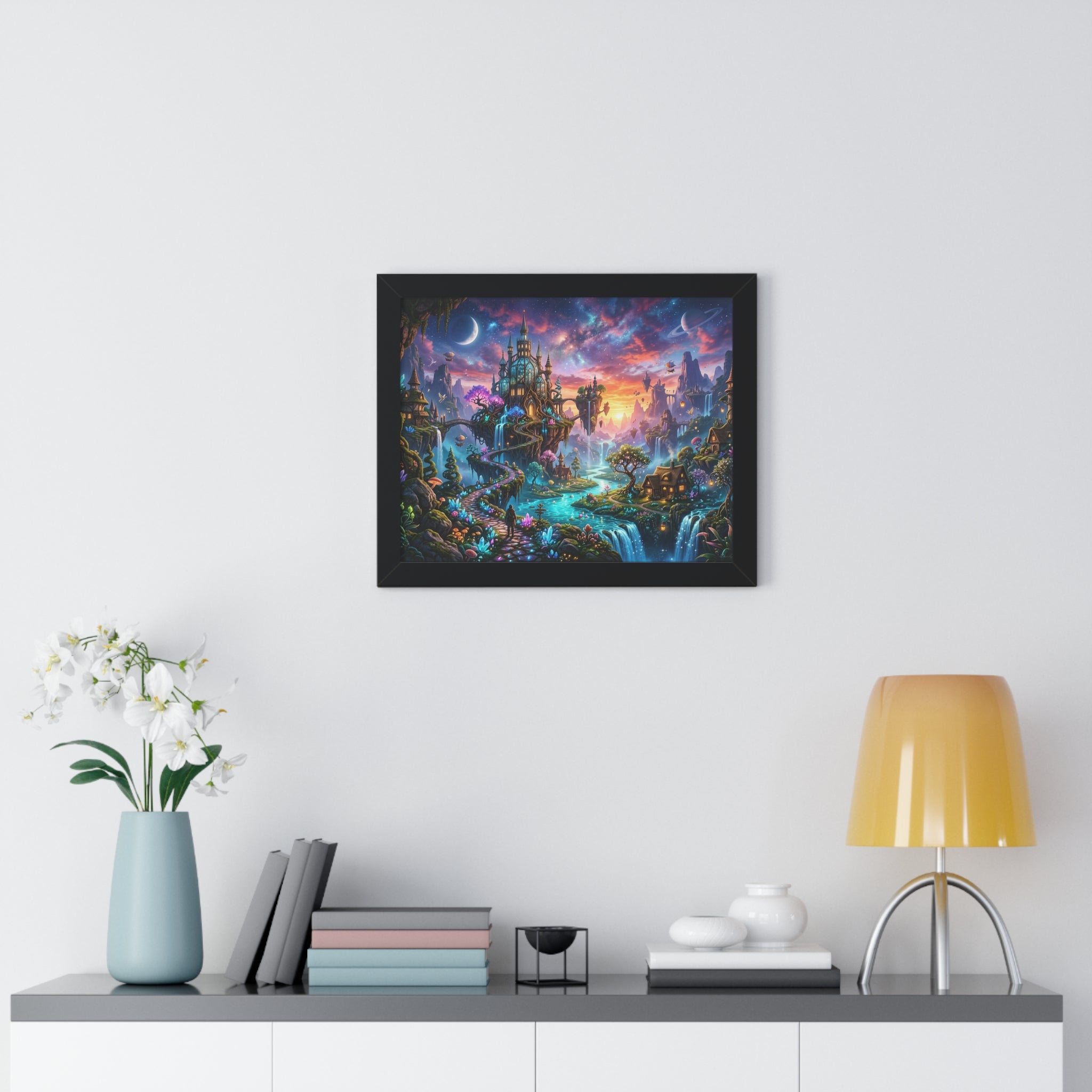 Ethereal Celestial Castle Fantasy Art Print | Dreamy Whimsical Landscape Poster | Vibrant Magical Realm Wall Decor