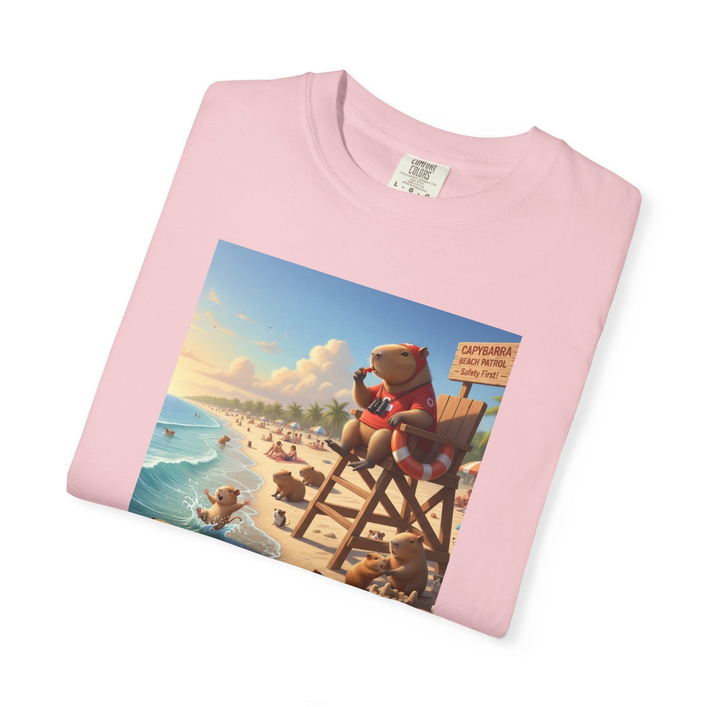 Lifeguard Capybara on Beach T-shirt | Surf Rescue Sunset Scene