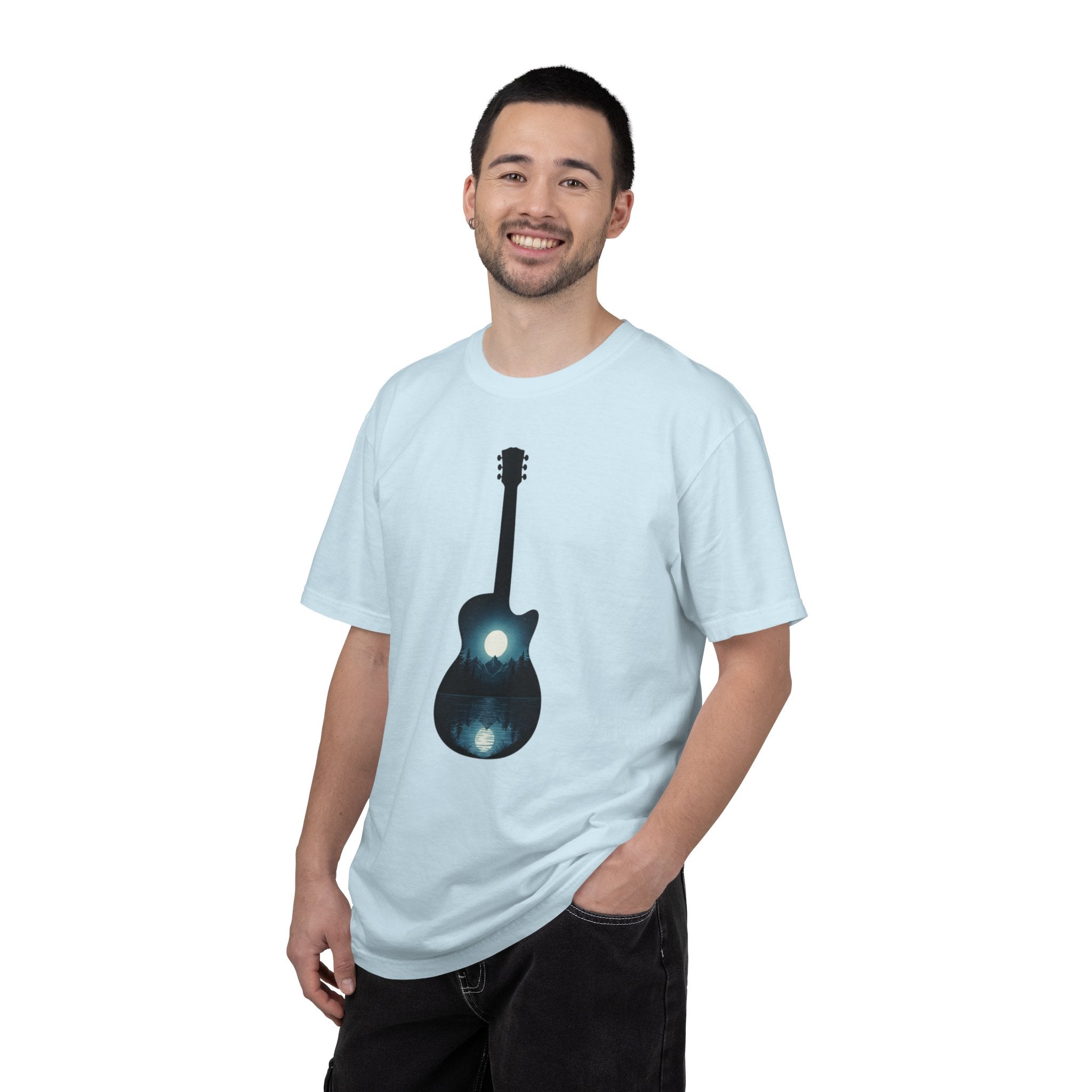 Moonlit Acoustic Guitar T-Shirt | Night Sky Guitar Silhouette