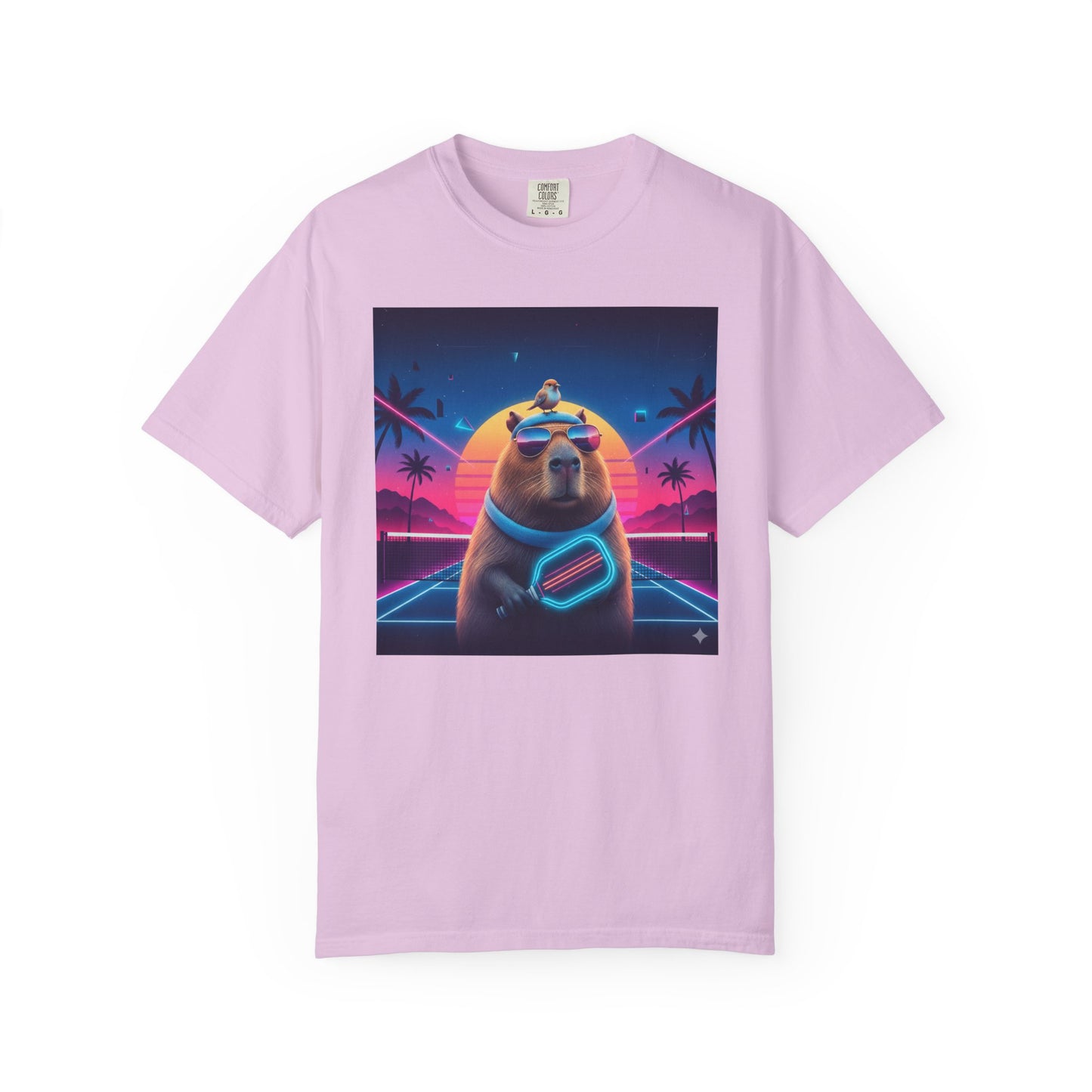 Retro Vaporwave Capybara with Sunglasses T-shirt | Neon Sunset Palm Trees