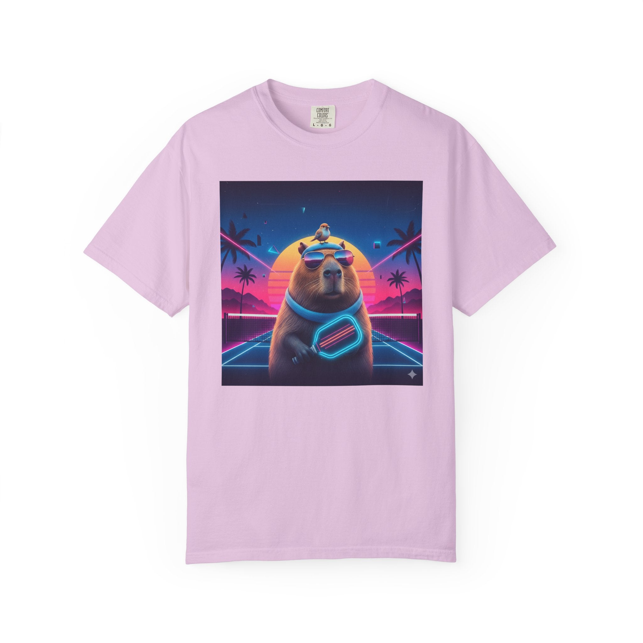 Retro Vaporwave Capybara with Sunglasses T-shirt | Neon Sunset Palm Trees