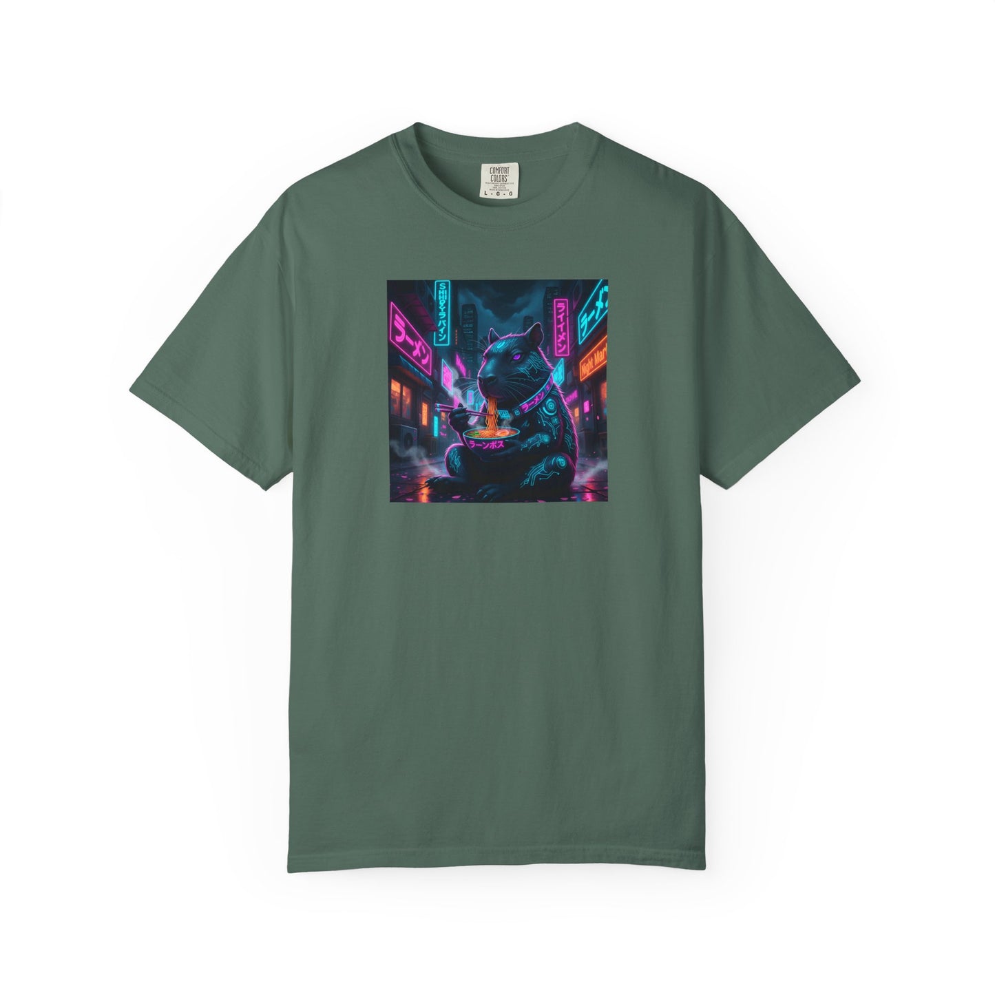 Neon Cyberpunk Capybara Cityscape T-Shirt | Futuristic Night Street Art
