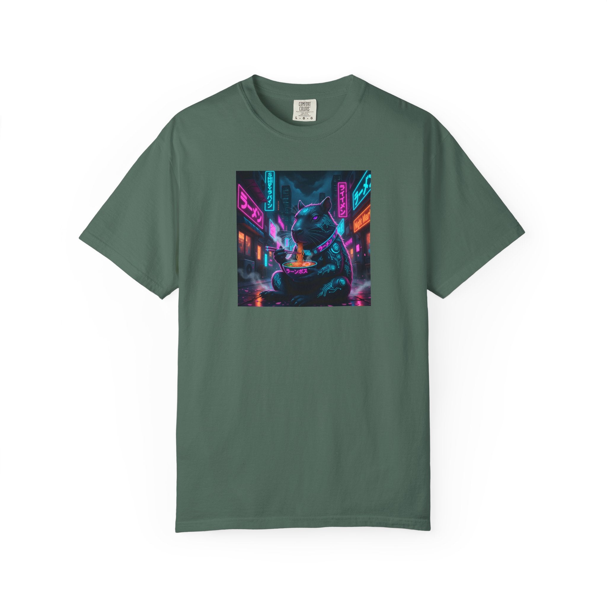 Neon Cyberpunk Capybara Cityscape T-Shirt | Futuristic Night Street Art
