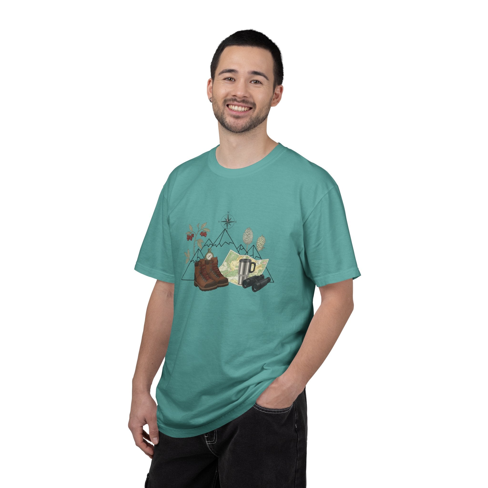 Camping Mountain Outdoors Graphic T-shirt | Hiking Boots Trees Flowers