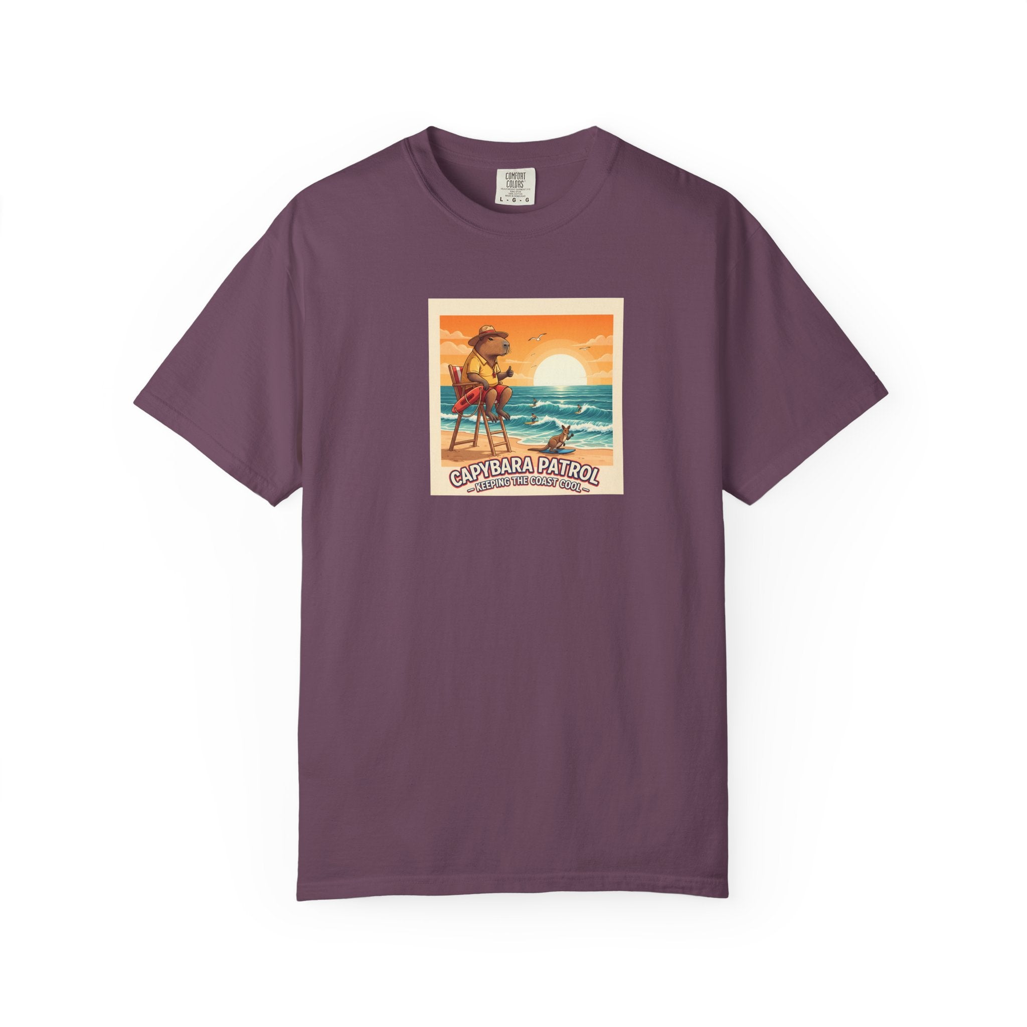 Capybara Patrol Sunset Surfing Capybara T-Shirt | Retro Beach Vibes