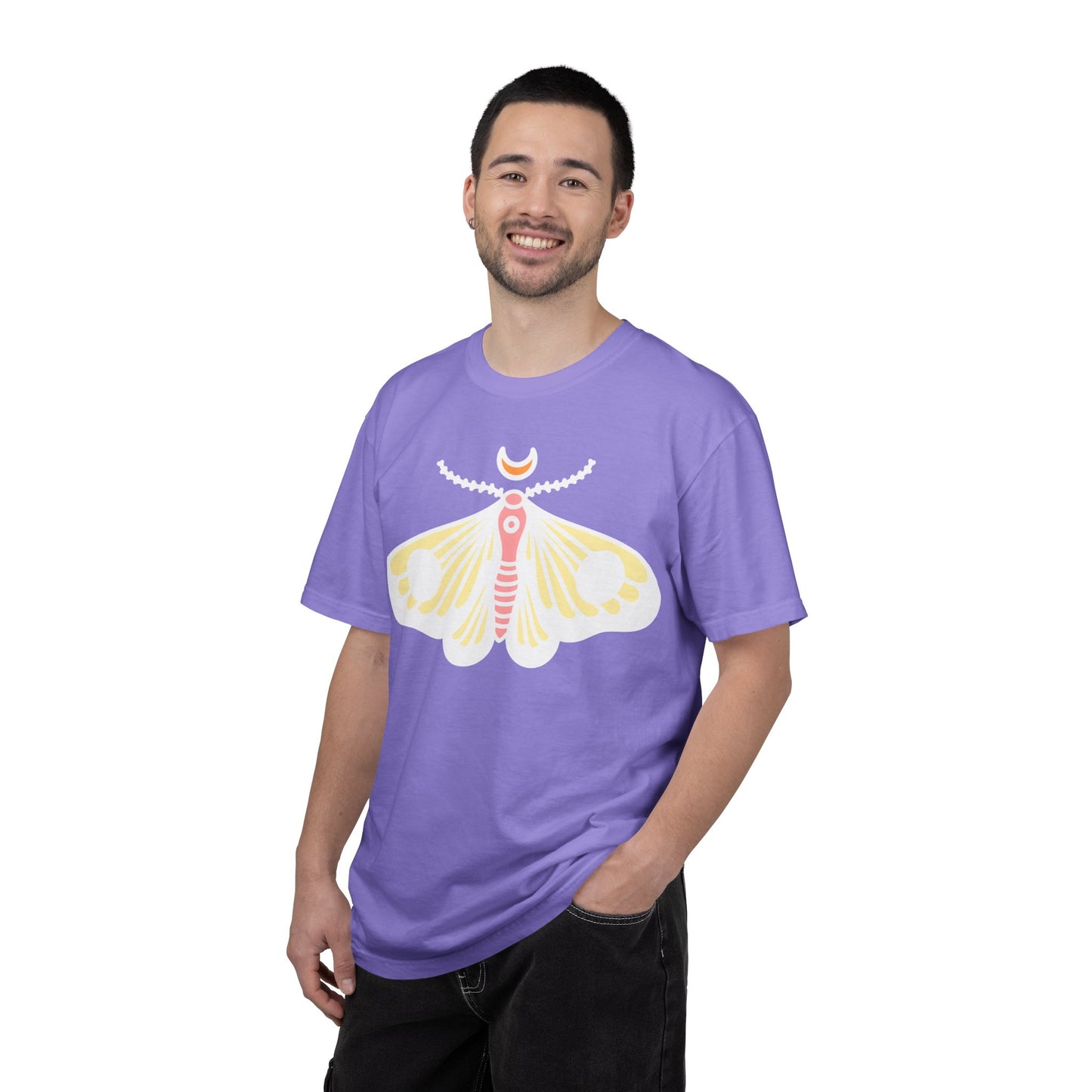Celestial Moth T-shirt | Pink Yellow Moth with Crescent Moon