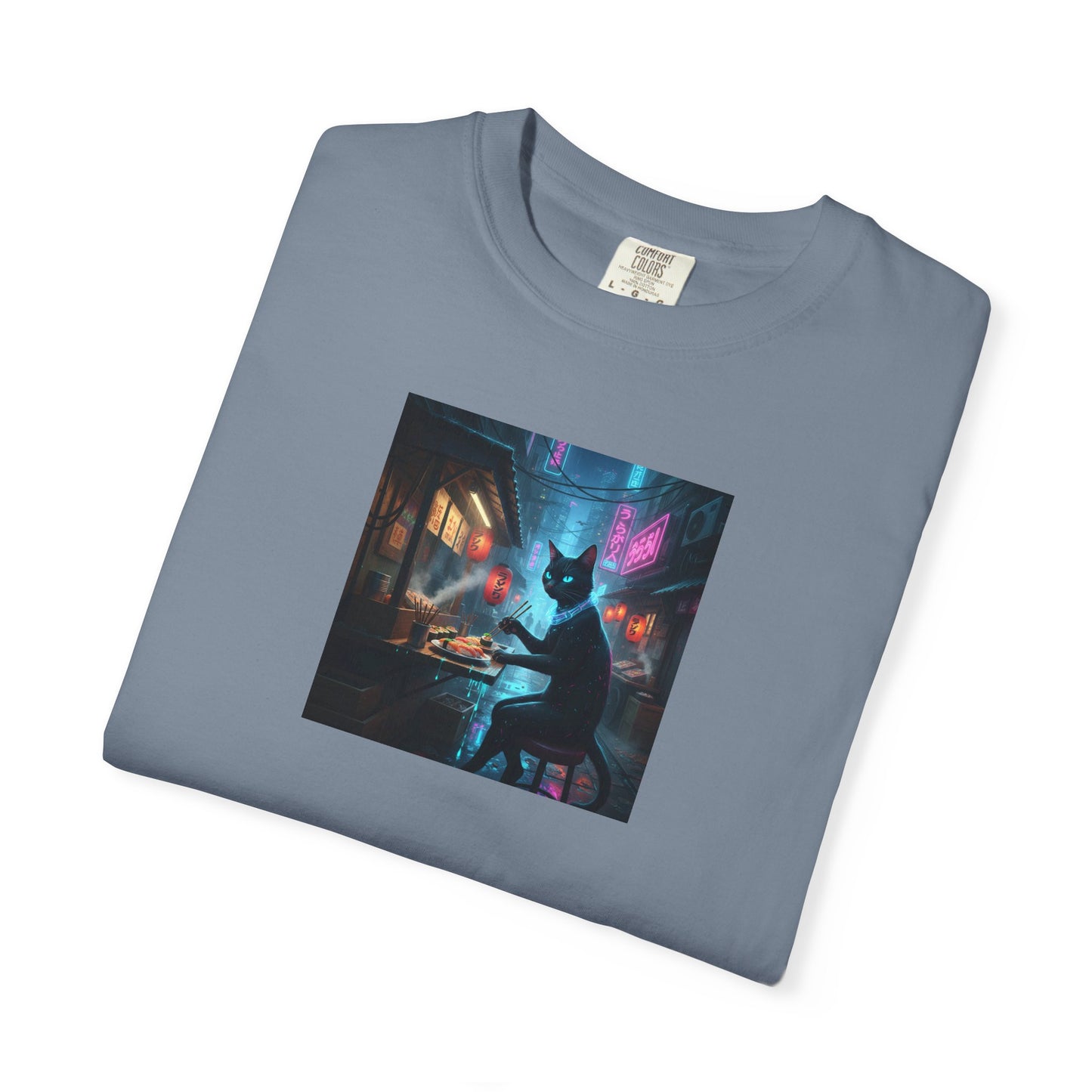 Cyberpunk Cat Sushi T-shirt | Neon Japan Noir
