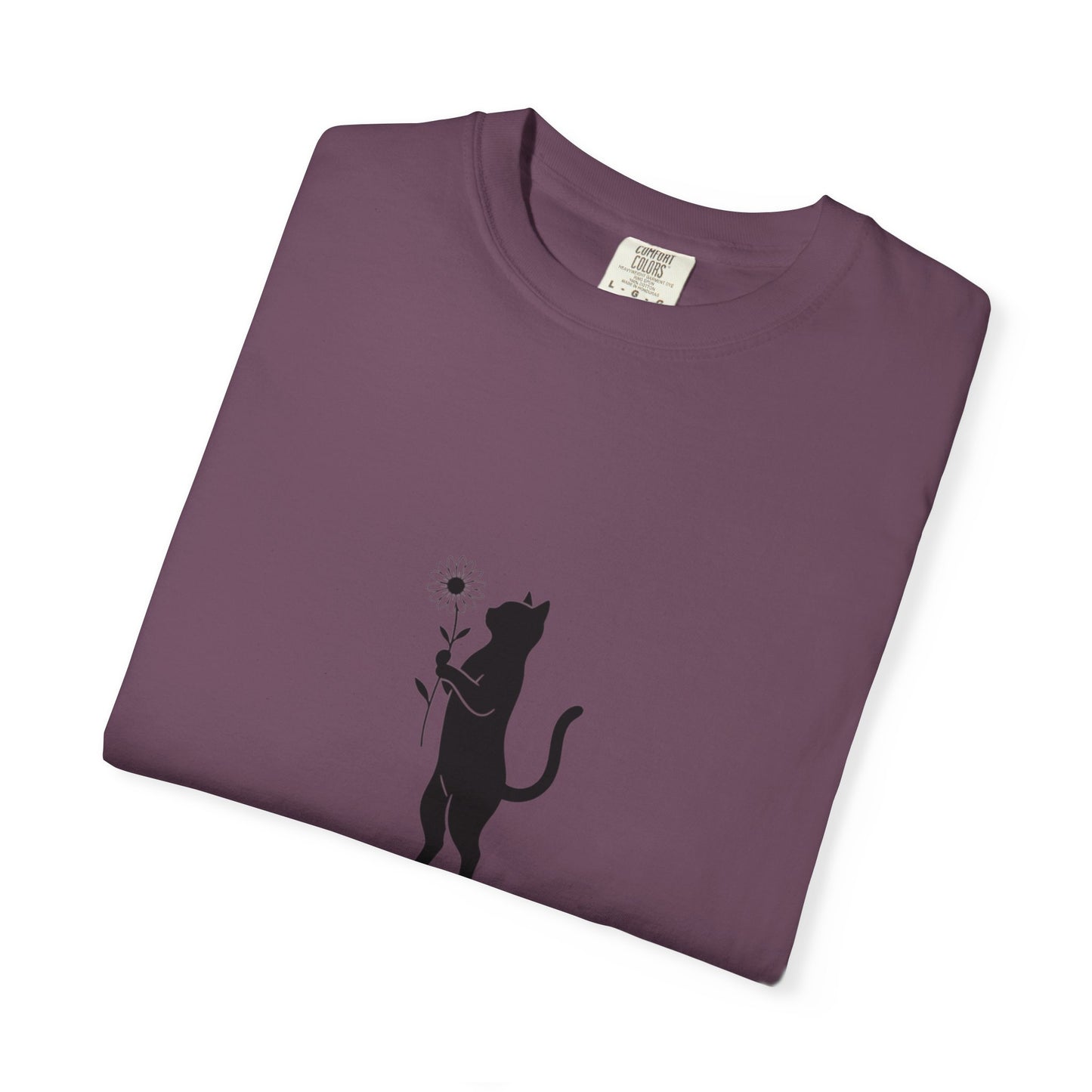 Black Cat Holding Flower T-Shirt | Minimal Cat Silhouette Tee