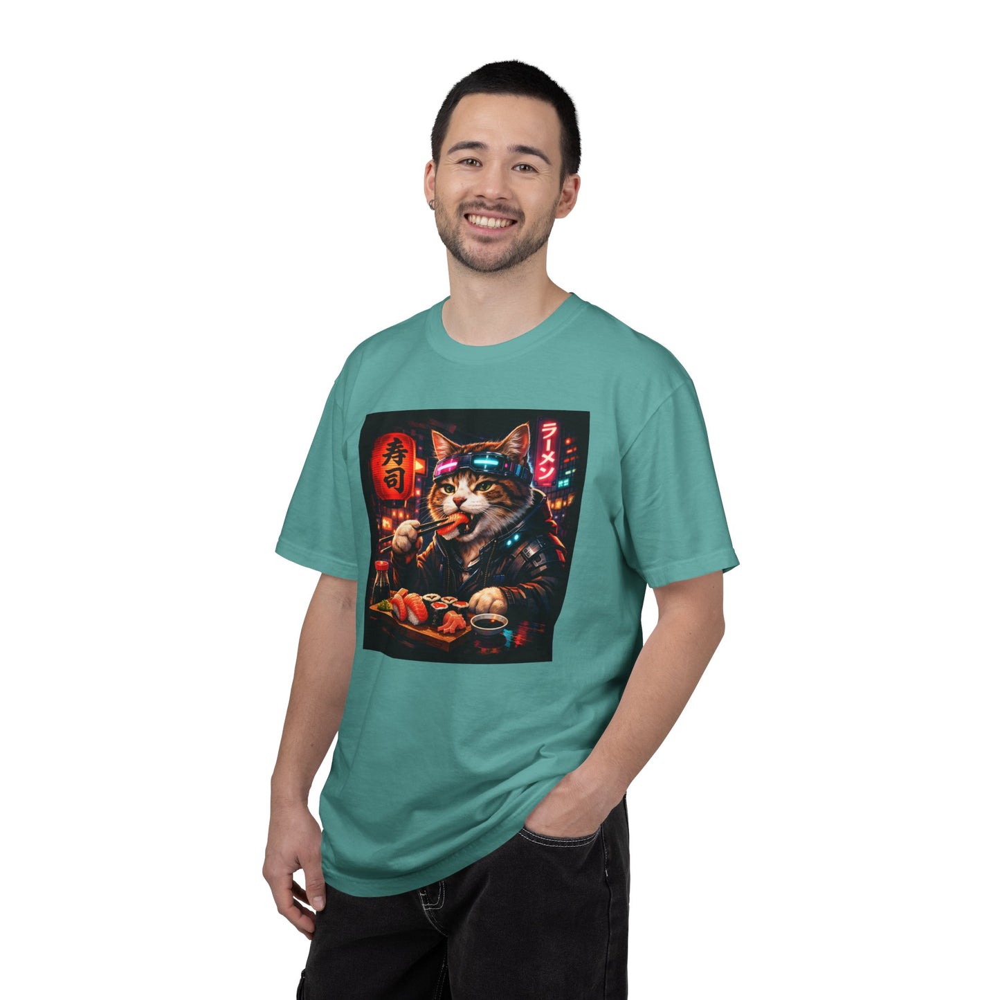 Sushi-Eating Cat T-Shirt | Neon Japanese Street Food Art